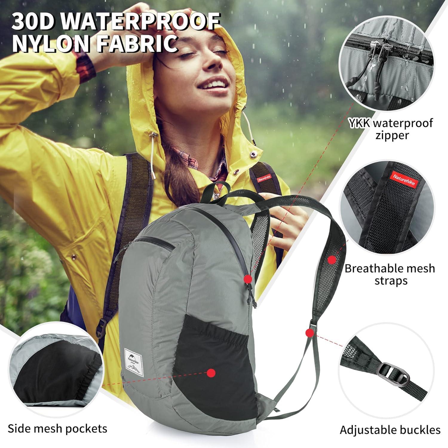image:imageNaturehike 18L Lightweight Hiking Backpack Waterproof Camping Packable Backpack Ultralight for Travel Airplane Small Hiking Daypack for Adults BlackGrey