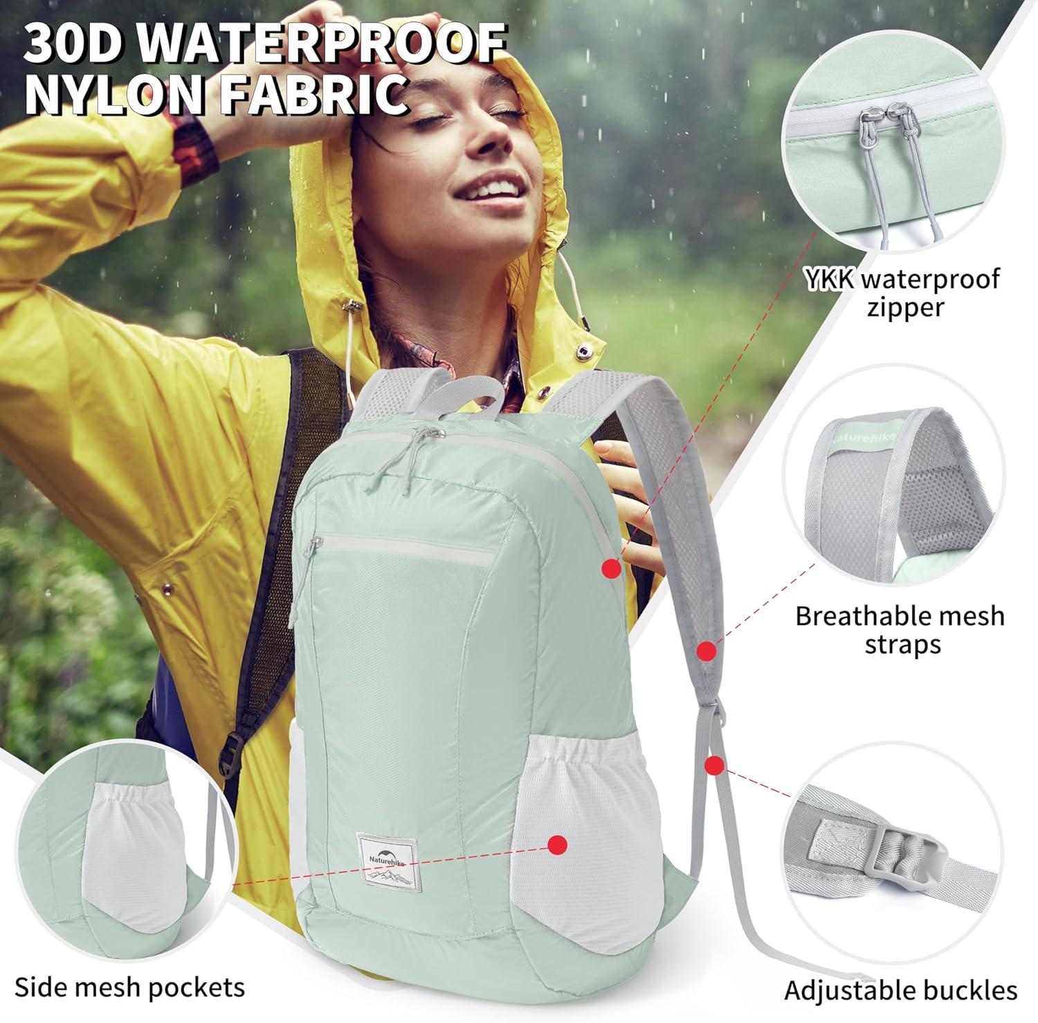 image:imageNaturehike 18L Lightweight Hiking Backpack Waterproof Camping Packable Backpack Ultralight for Travel Airplane Small Hiking Daypack for Adults BlackMint Green