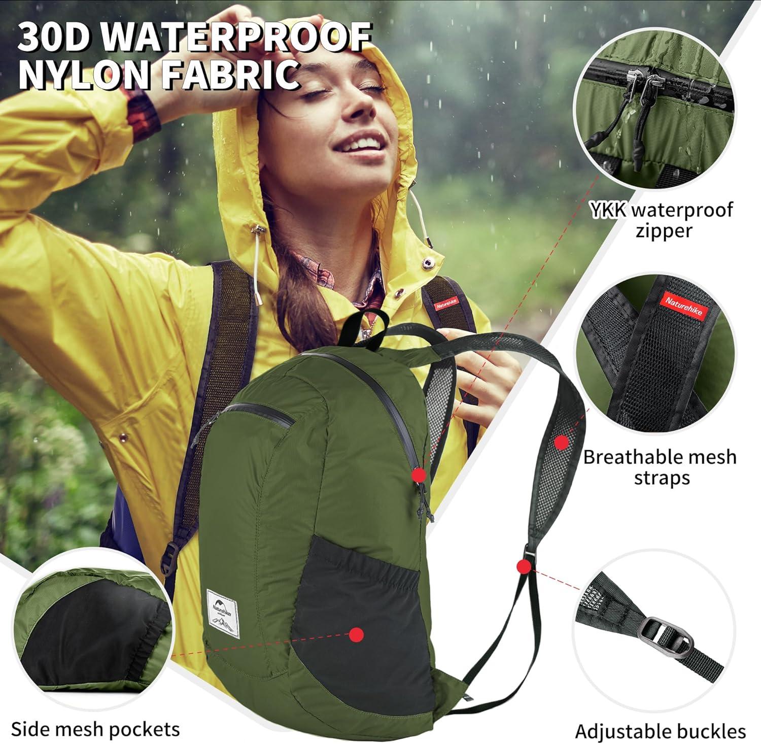 image:imageNaturehike 18L Lightweight Hiking Backpack Waterproof Camping Packable Backpack Ultralight for Travel Airplane Small Hiking Daypack for Adults BlackPine Green