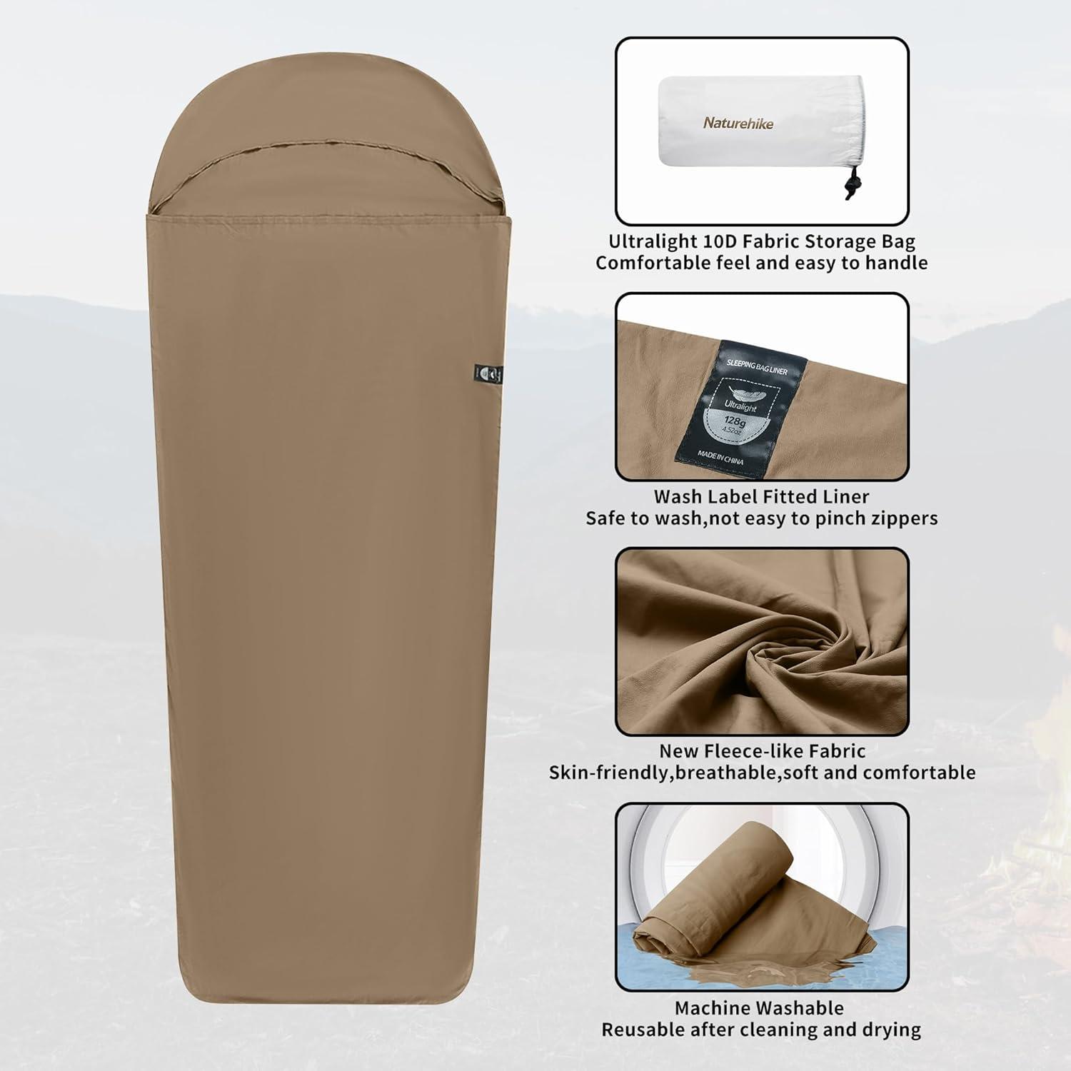 image:imageNaturehike 45oz Ultralight Washable Sleeping Bag Liner Lightweight Adult Sleep Sack amp Travel Sheets for Backpacking Hotel Camping Hostels ZY20Brown