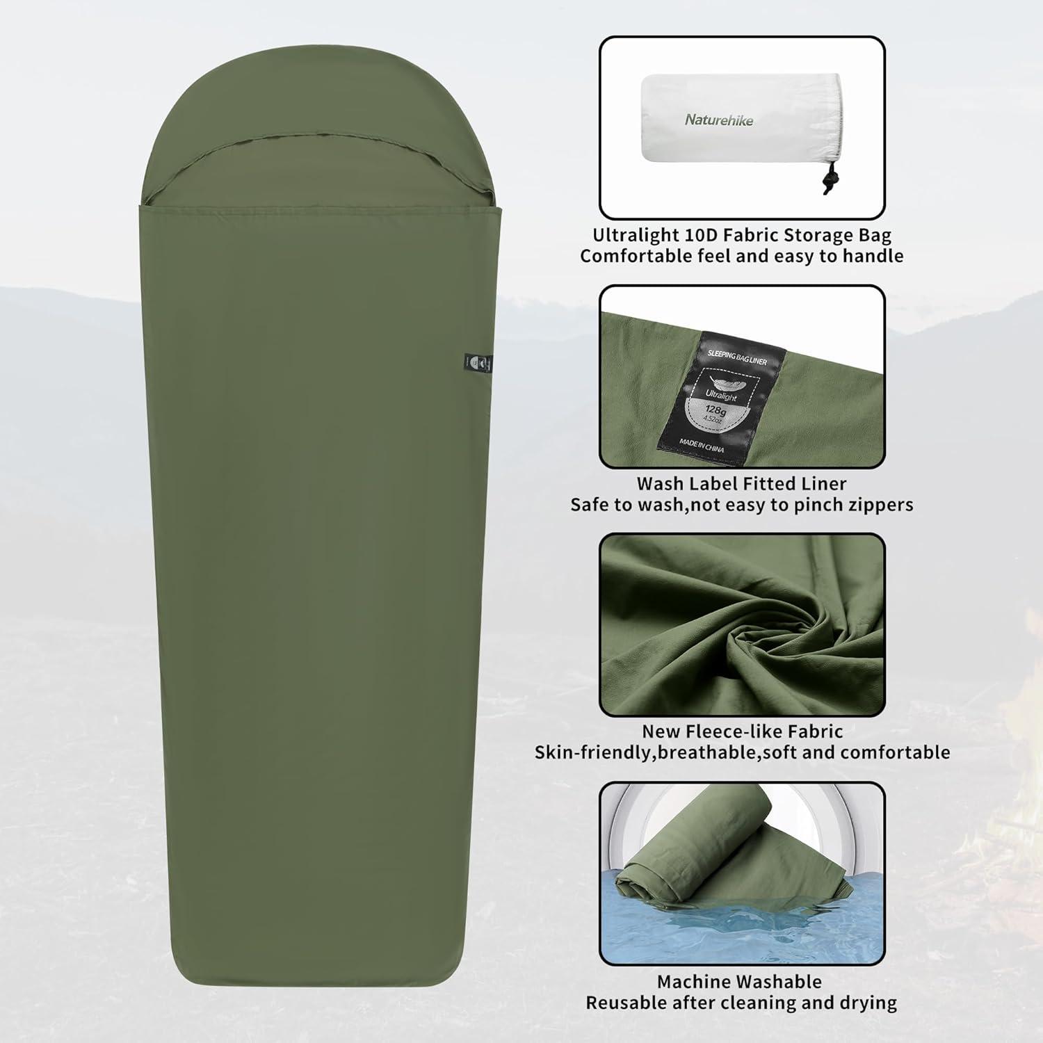 image:imageNaturehike 45oz Ultralight Washable Sleeping Bag Liner Lightweight Adult Sleep Sack amp Travel Sheets for Backpacking Hotel Camping Hostels ZY20Green