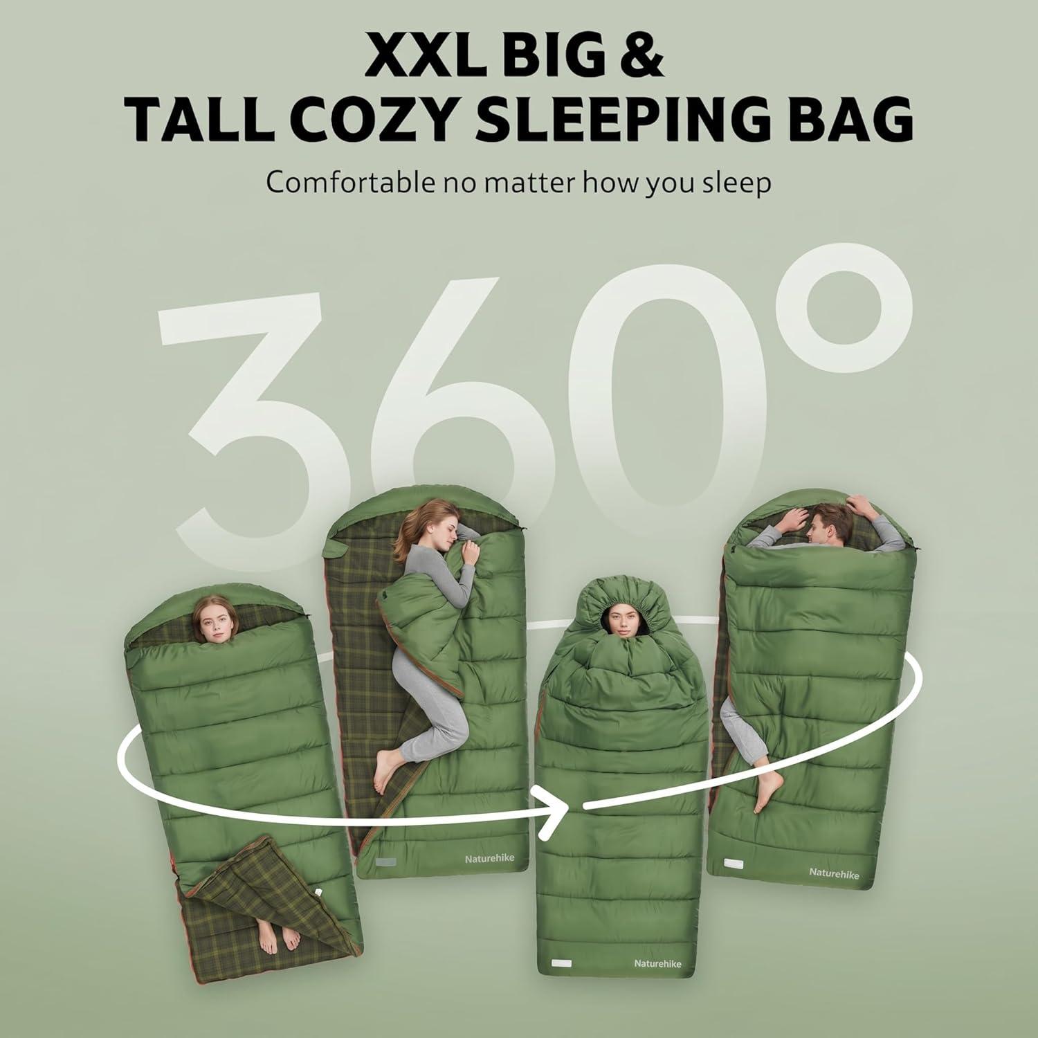 image:imageNaturehike Big amp Tall Flannel Sleeping Bag for Adults XXL Sleeping Bag for All Seasons Machine Washable Sleeping Bags for Camping Hiking Hunting Compression Sack IncludedGreenISO comfort 32