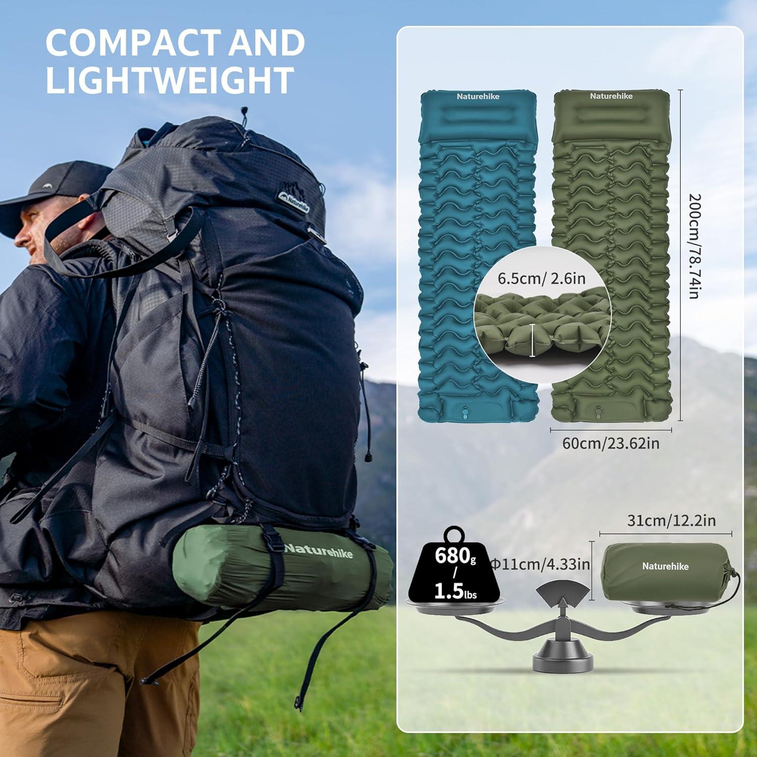 image:imageNaturehike Camping Sleeping Pad Ultralight Inflatable Sleeping Mat with Pillow Builtin Pump 26 Inch Lightweight Air Mattress for Backpacking Hiking TravelingBlue Single