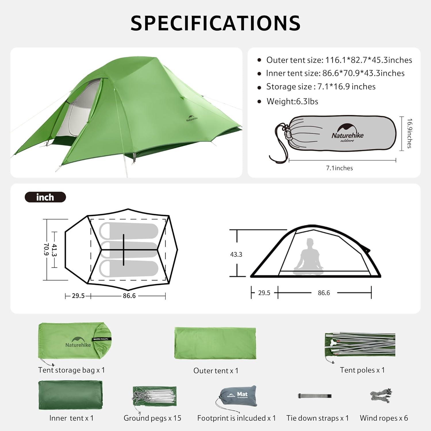 image:imageNaturehike Cloud Up Backpacking Tent with Footprint 3 Season Free Standing Lightweight Camping Tent with Footprint Free Standing Dome Camping Hiking WaterproofGreen