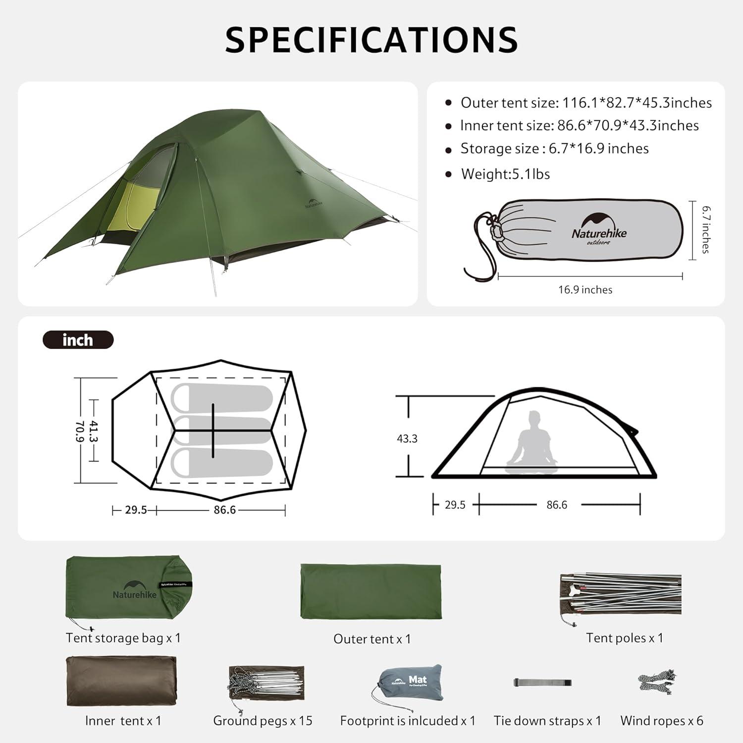 image:imageNaturehike Cloud Up Backpacking Tent with Footprint 3 Season Free Standing Lightweight Camping Tent with Footprint Free Standing Dome Camping Hiking WaterproofForest Green