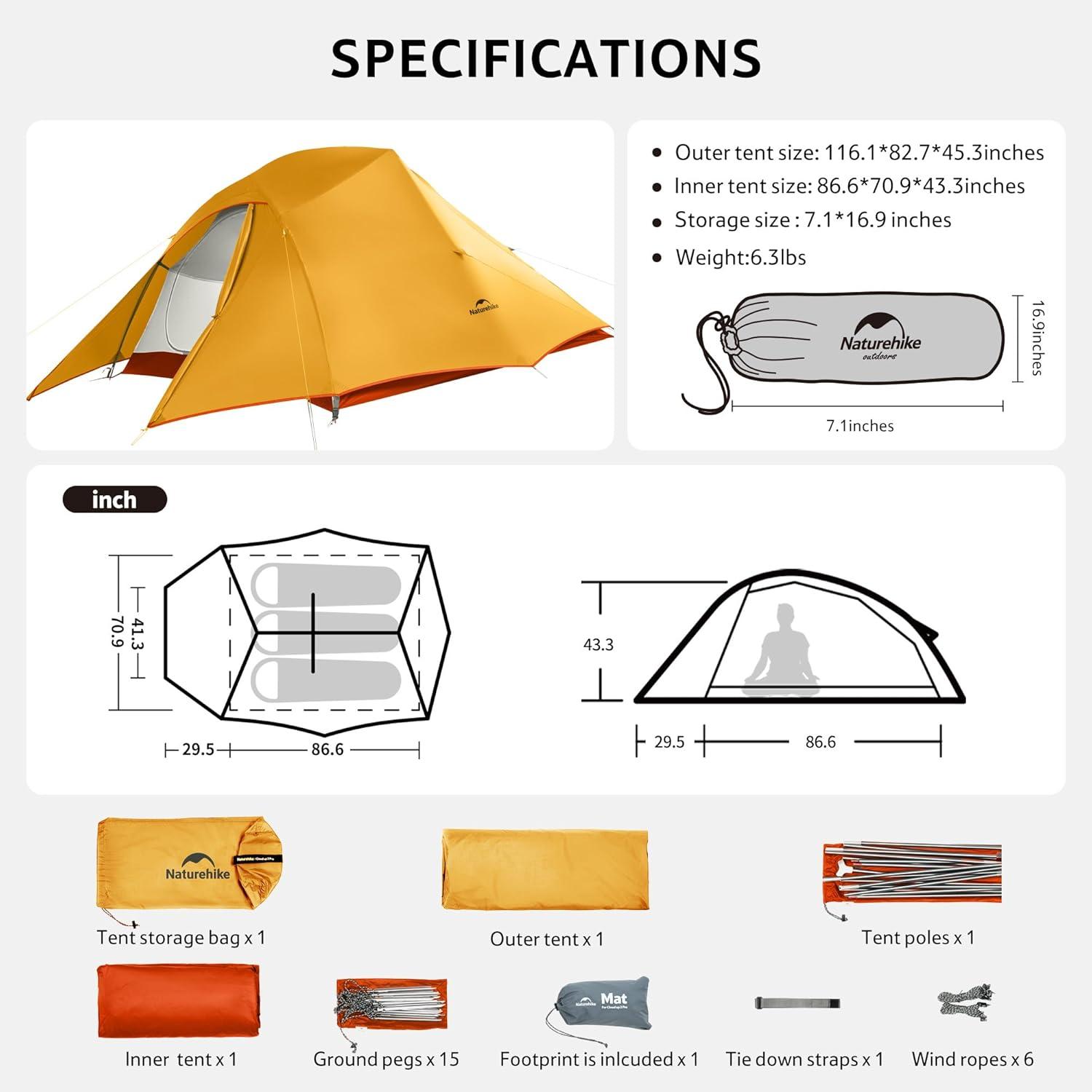 image:imageNaturehike Cloud Up Backpacking Tent with Footprint 3 Season Free Standing Lightweight Camping Tent with Footprint Free Standing Dome Camping Hiking WaterproofOrange