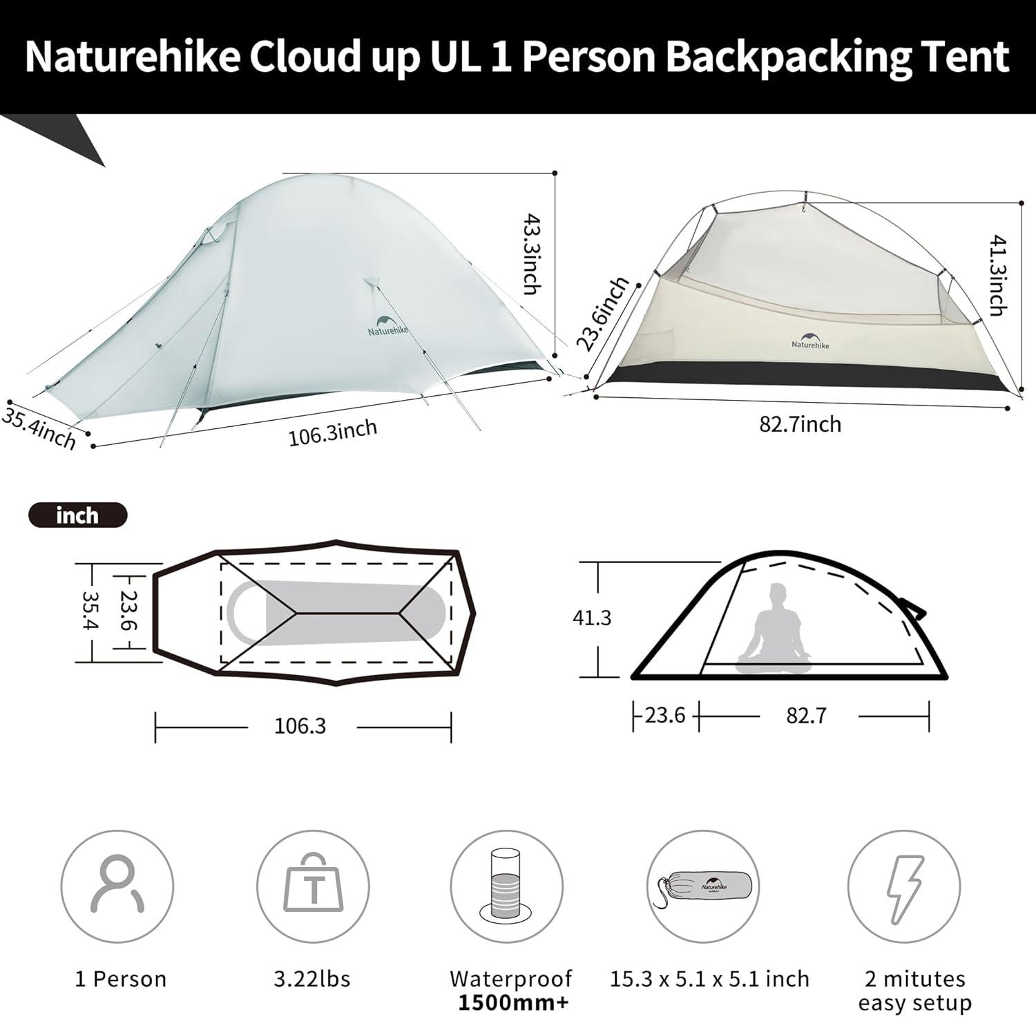 image:imageNaturehike Cloud Up Tent Lightweight Backpacking Tents Waterproof Ultralight Tent for Camping Hiking BackpackingLight Gray
