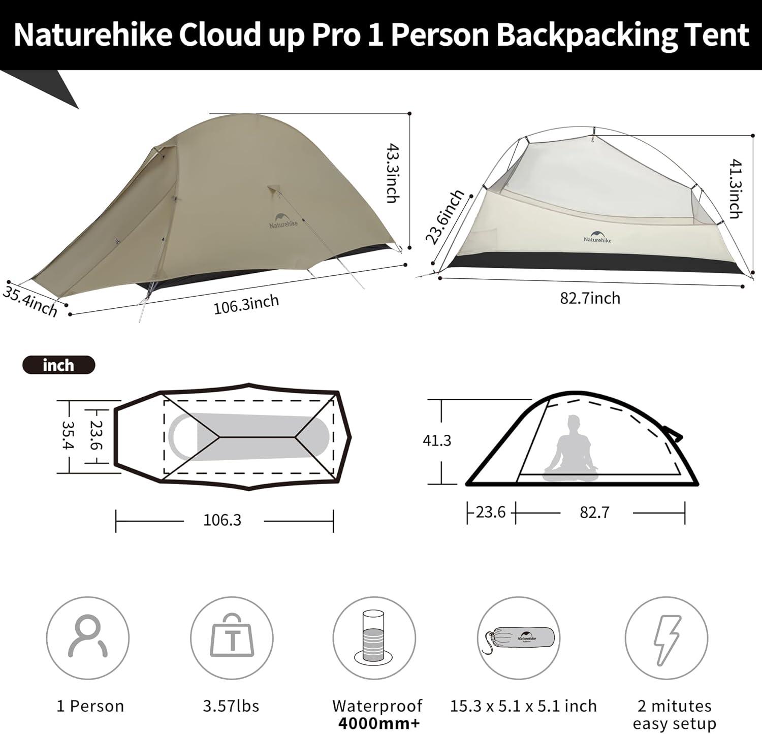 image:imageNaturehike Cloud Up Tent Lightweight Backpacking Tents Waterproof Ultralight Tent for Camping Hiking BackpackingSand