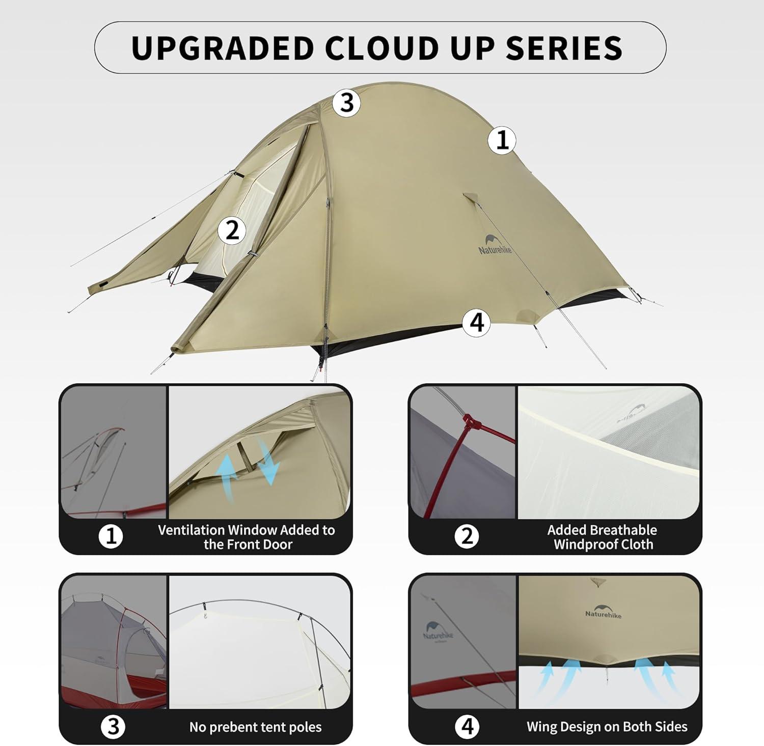 image:imageNaturehike CloudUp Tent Lightweight Backpacking Tent with Footprint Free Standing Ultralight Camping Hiking Backpack TentsSand