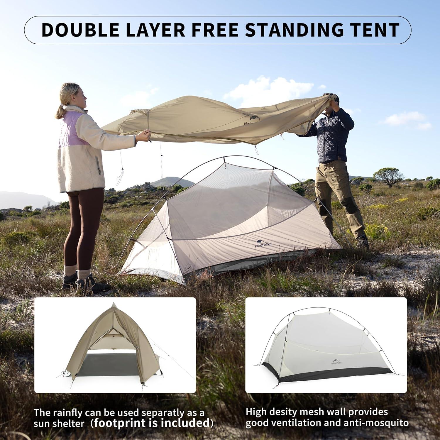 image:imageNaturehike CloudUp Tent Lightweight Backpacking Tent with Footprint Free Standing Ultralight Camping Hiking Backpack TentsSand