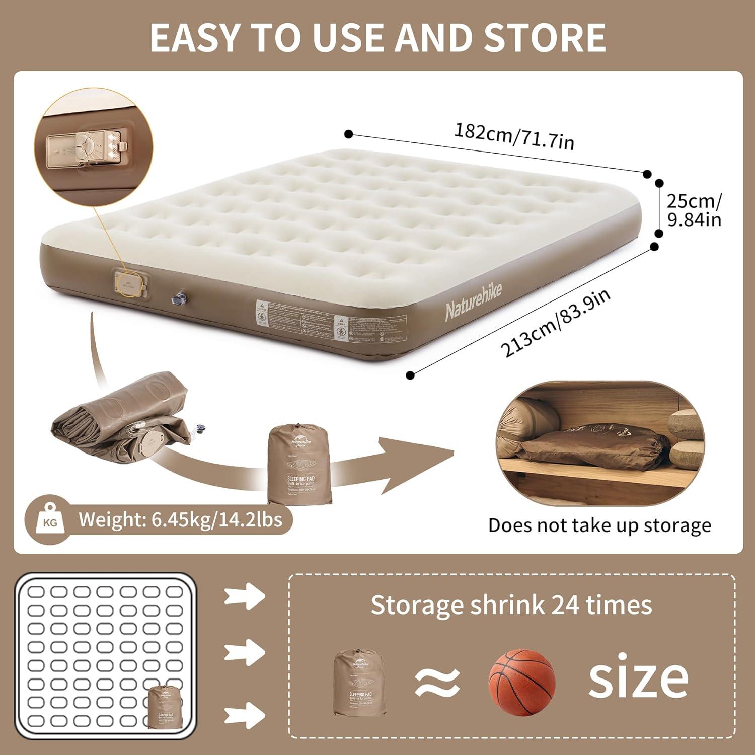 image:imageNaturehike Compact King Size Air Mattress with Builtin USB Rechargeable Pump 992 lbs Max Support Inflatable Mattresses Blow up Mattress Air Bed for Home Camping Guests TravelBrown