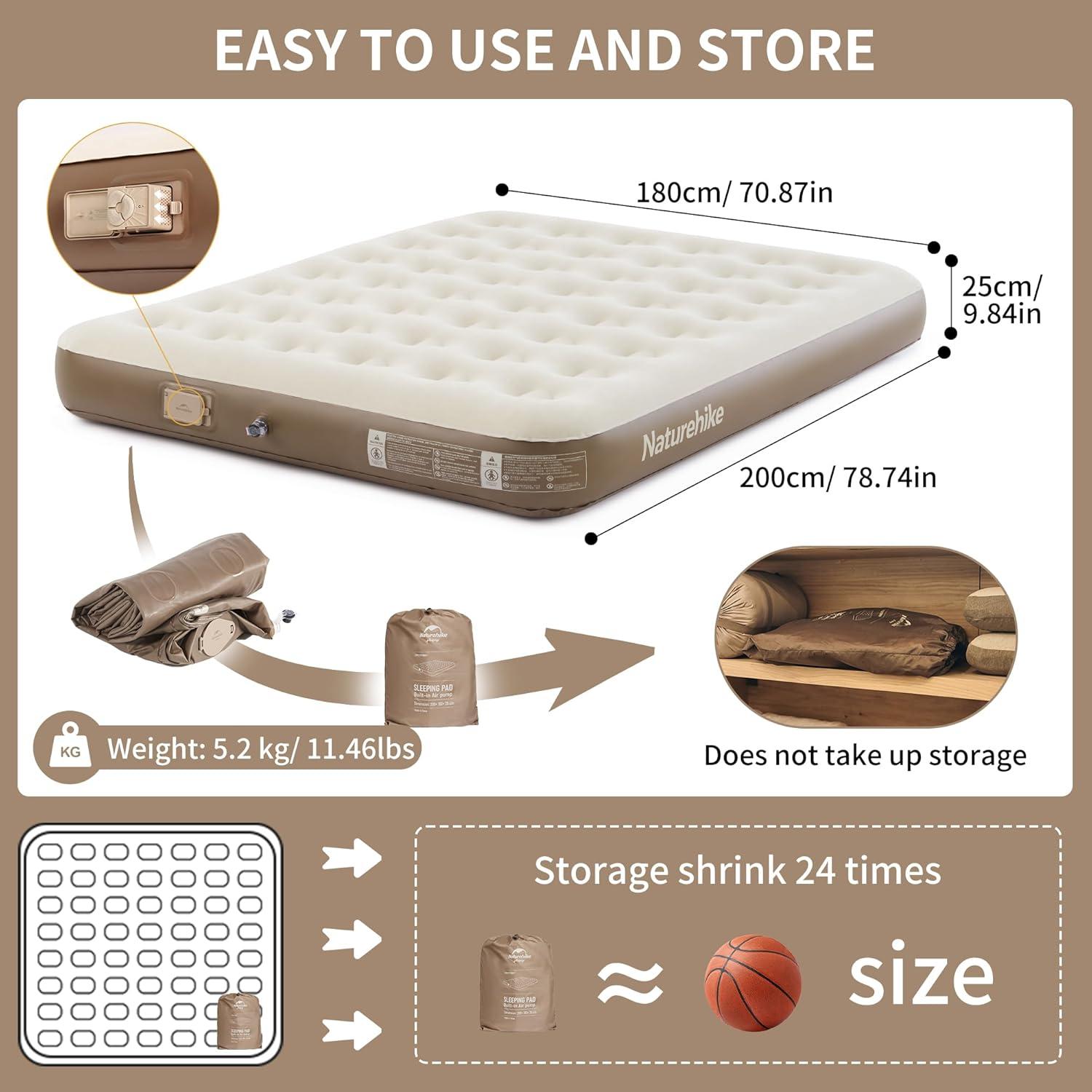 image:imageNaturehike Compact King Size Air Mattress with Builtin USB Rechargeable Pump 992 lbs Max Support Inflatable Mattresses Blow up Mattress Air Bed for Home Camping Guests TravelBrown