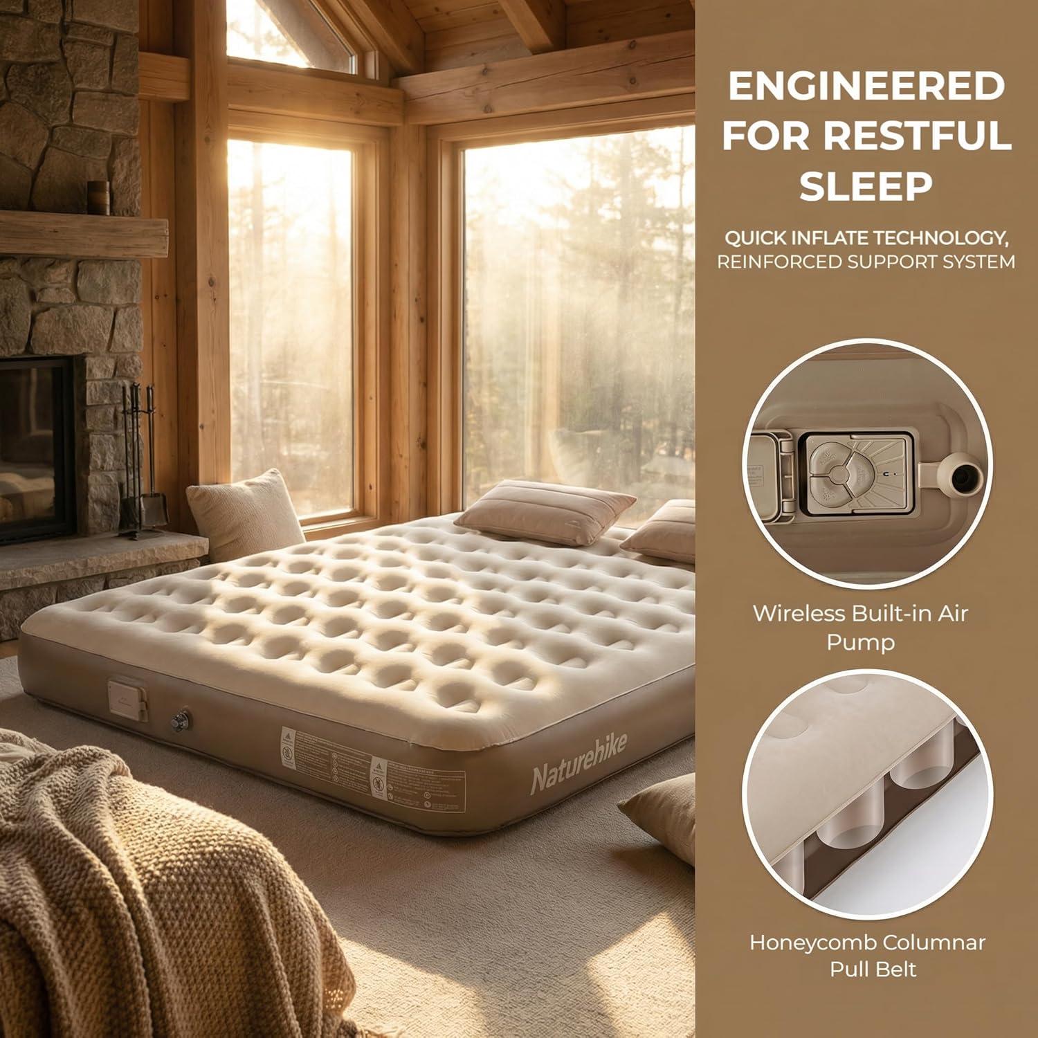 image:imageNaturehike Compact King Size Air Mattress with Builtin USB Rechargeable Pump 992 lbs Max Support Inflatable Mattresses Blow up Mattress Air Bed for Home Camping Guests TravelBrown