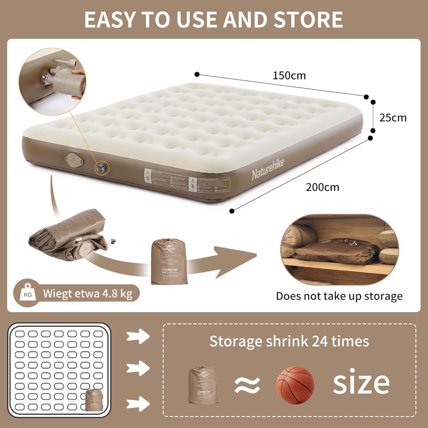image:imageNaturehike Compact King Size Air Mattress with Builtin USB Rechargeable Pump 992 lbs Max Support Inflatable Mattresses Blow up Mattress Air Bed for Home Camping Guests TravelBrown