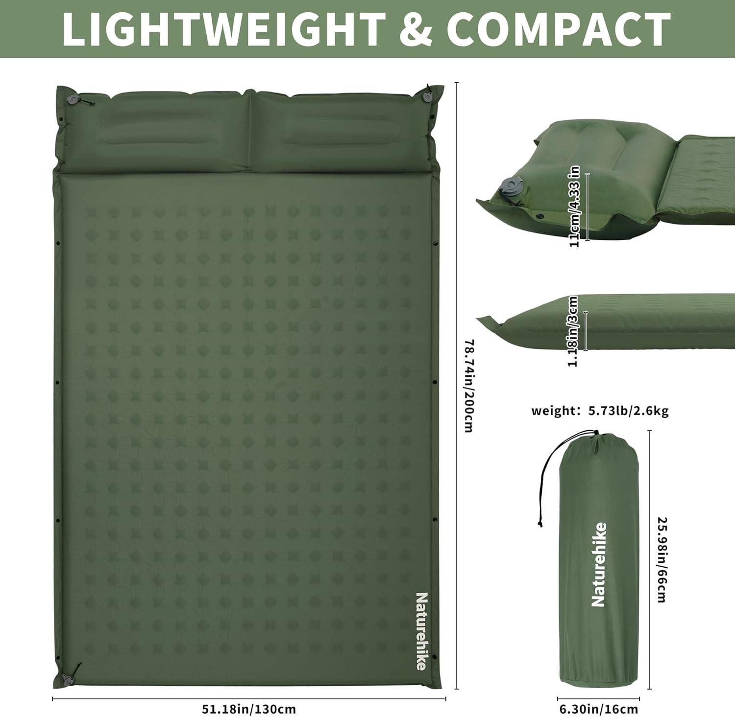 image:imageNaturehike Connectable Double Self Inflating Sleeping Pad 118 Memory Foam Camping Pad Backpacking Camping Mattress Pad for Tent Travel Car HammockGreen
