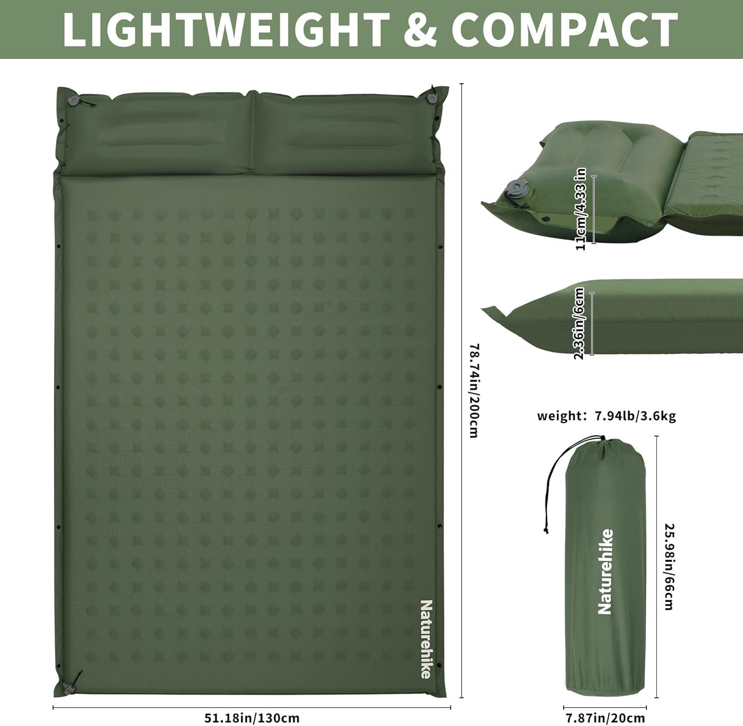 image:imageNaturehike Connectable Double Self Inflating Sleeping Pad 118 Memory Foam Camping Pad Backpacking Camping Mattress Pad for Tent Travel Car HammockGreen