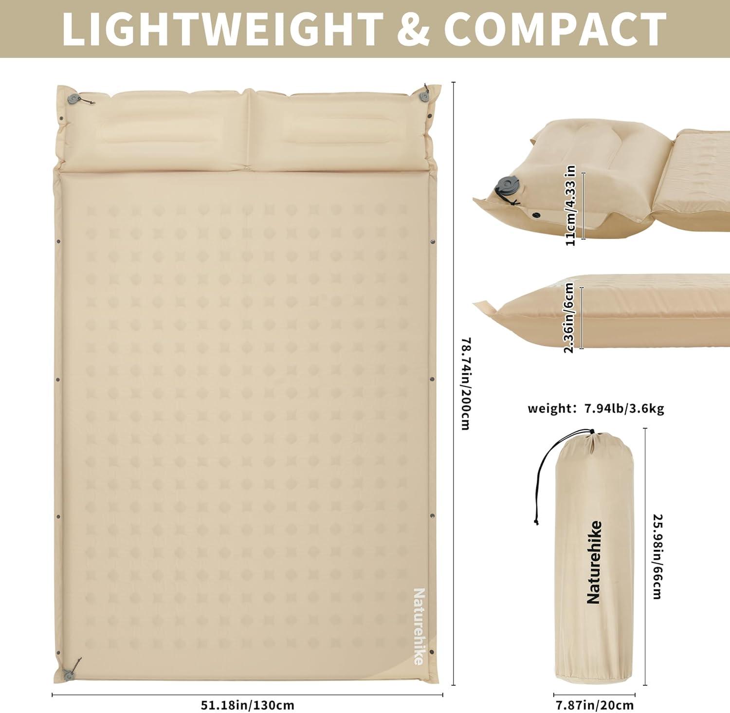image:imageNaturehike Connectable Double Self Inflating Sleeping Pad 118 Memory Foam Camping Pad Backpacking Camping Mattress Pad for Tent Travel Car HammockKhaki