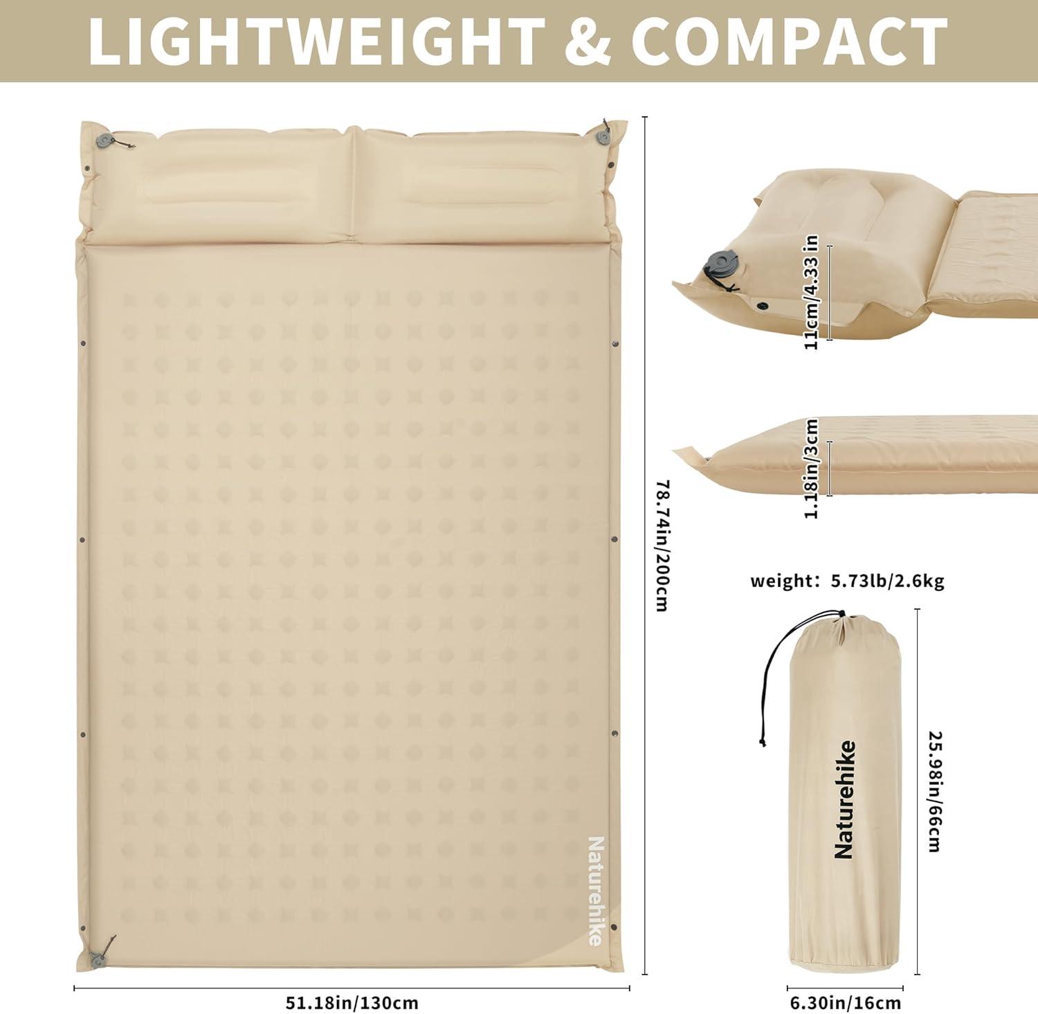 image:imageNaturehike Connectable Double Self Inflating Sleeping Pad 118 Memory Foam Camping Pad Backpacking Camping Mattress Pad for Tent Travel Car HammockKhaki