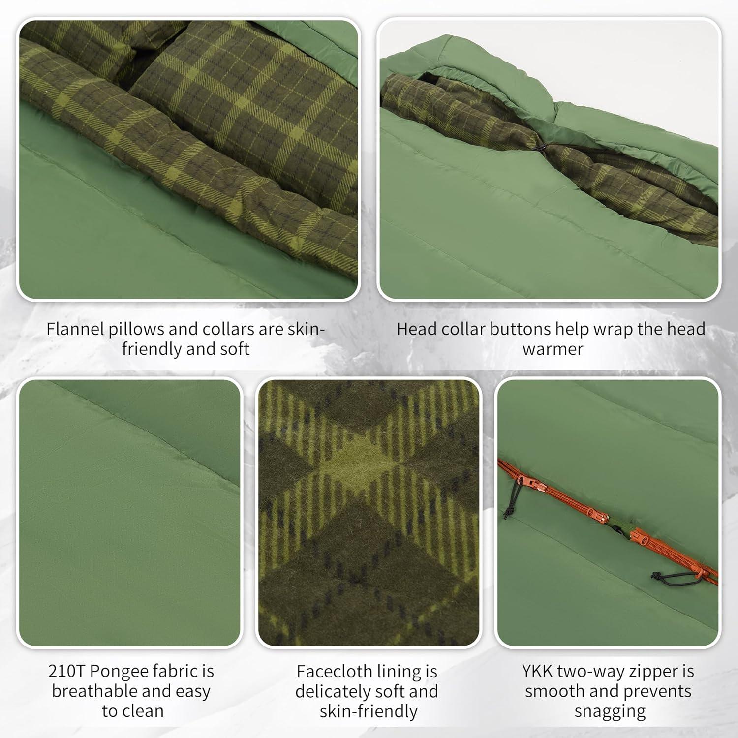 image:imageNaturehike Flannel Sleeping Bag for Adults with Pillows Doublewide Two Person Sleeping Bag for Couples amp Whole Family All Seasons for Camping Hunting amp BeddingDrill GreenISO 30