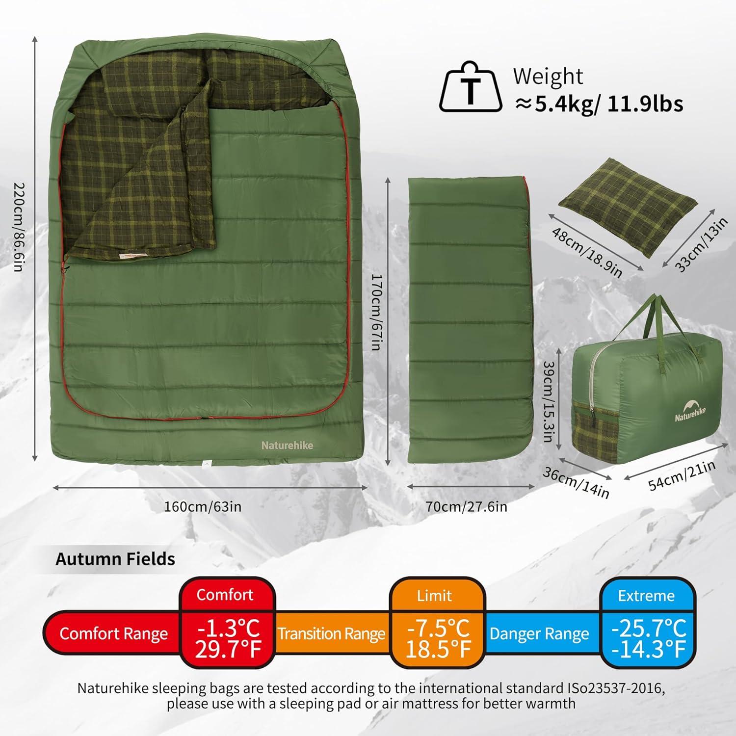 image:imageNaturehike Flannel Sleeping Bag for Adults with Pillows Doublewide Two Person Sleeping Bag for Couples amp Whole Family All Seasons for Camping Hunting amp BeddingDrill GreenISO 30