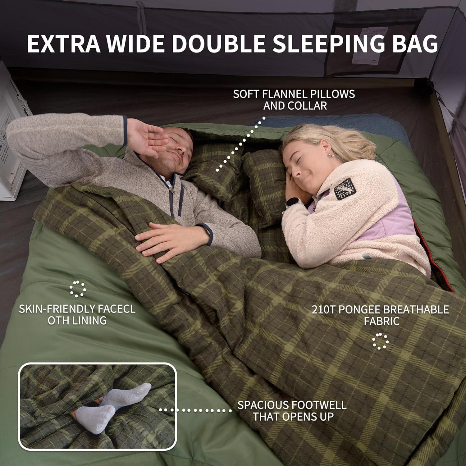image:imageNaturehike Flannel Sleeping Bag for Adults with Pillows Doublewide Two Person Sleeping Bag for Couples amp Whole Family All Seasons for Camping Hunting amp BeddingDrill GreenISO 30