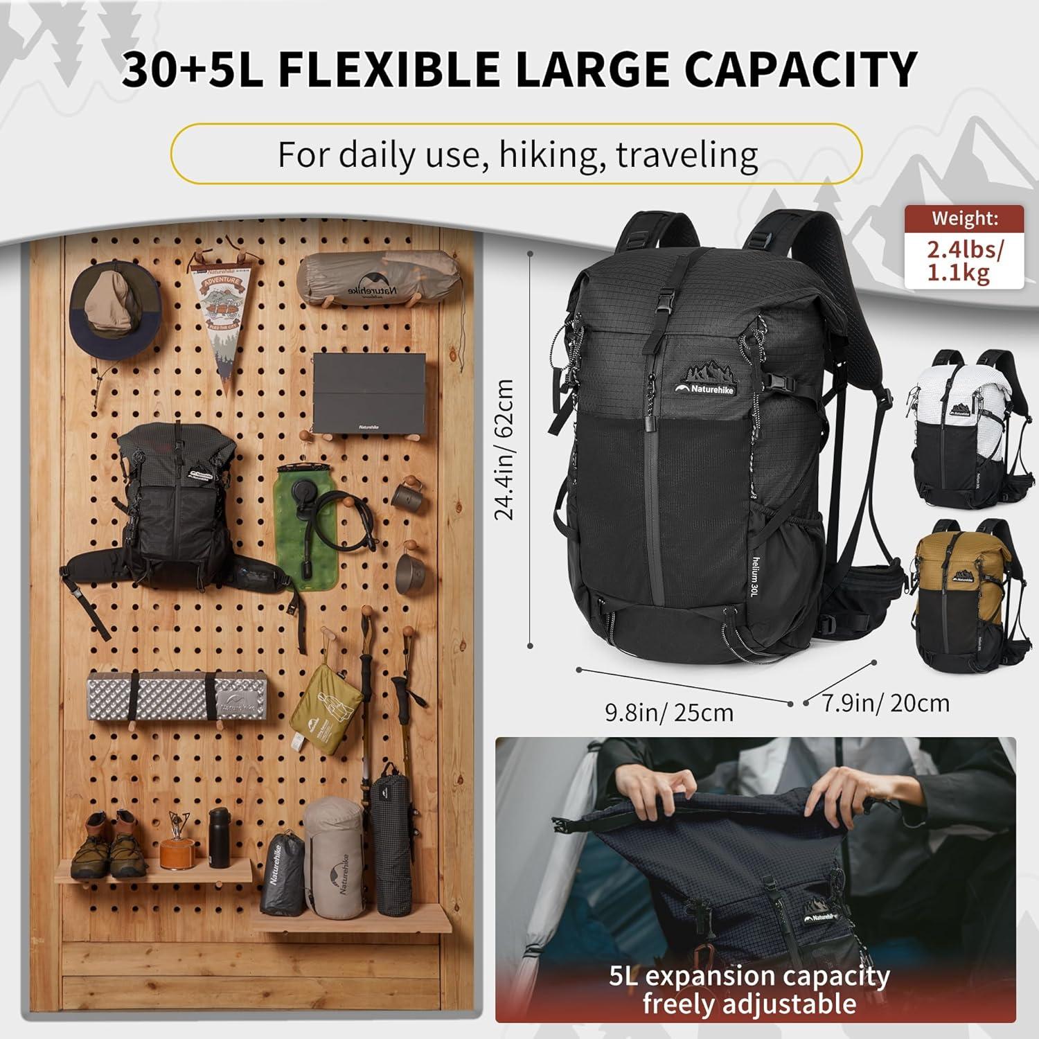 image:imageNaturehike Hiking Backpack 305L Travel Backpack with Macromolecule Fabric Hiking Daypack with AIR Backpack System for Women MenBlack