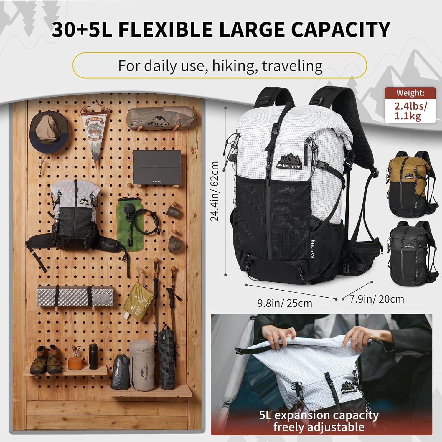 image:imageNaturehike Hiking Backpack 305L Travel Backpack with Macromolecule Fabric Hiking Daypack with AIR Backpack System for Women MenWhite