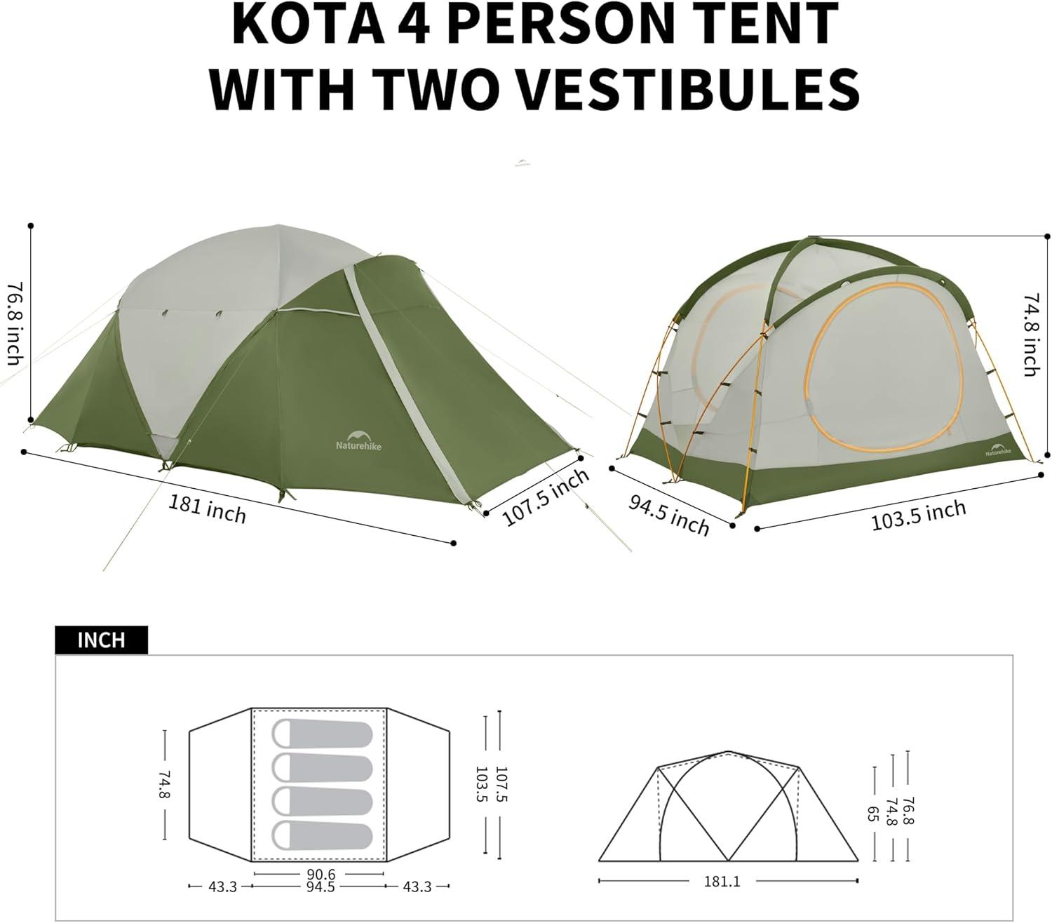 image:imageNaturehike KOTA Camping Tent Double Layer Waterproof Tents for Camping Large and Tall Family Tent with Vestibules Porch4 Person