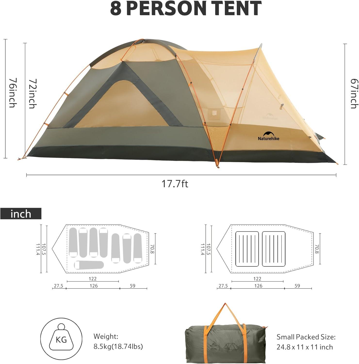 image:imageNaturehike KOTA Camping Tent Double Layer Waterproof Tents for Camping Large and Tall Family Tent with Vestibules Porch8 Person