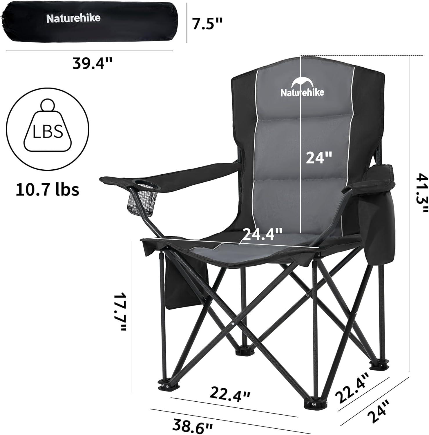 image:imageNaturehike Oversized Camping Chair with Cooler Bag Heavy Duty Lawn Chair Support 450 LBS Portable Padded Outdoor Folding Chair 2 PackGranite Black