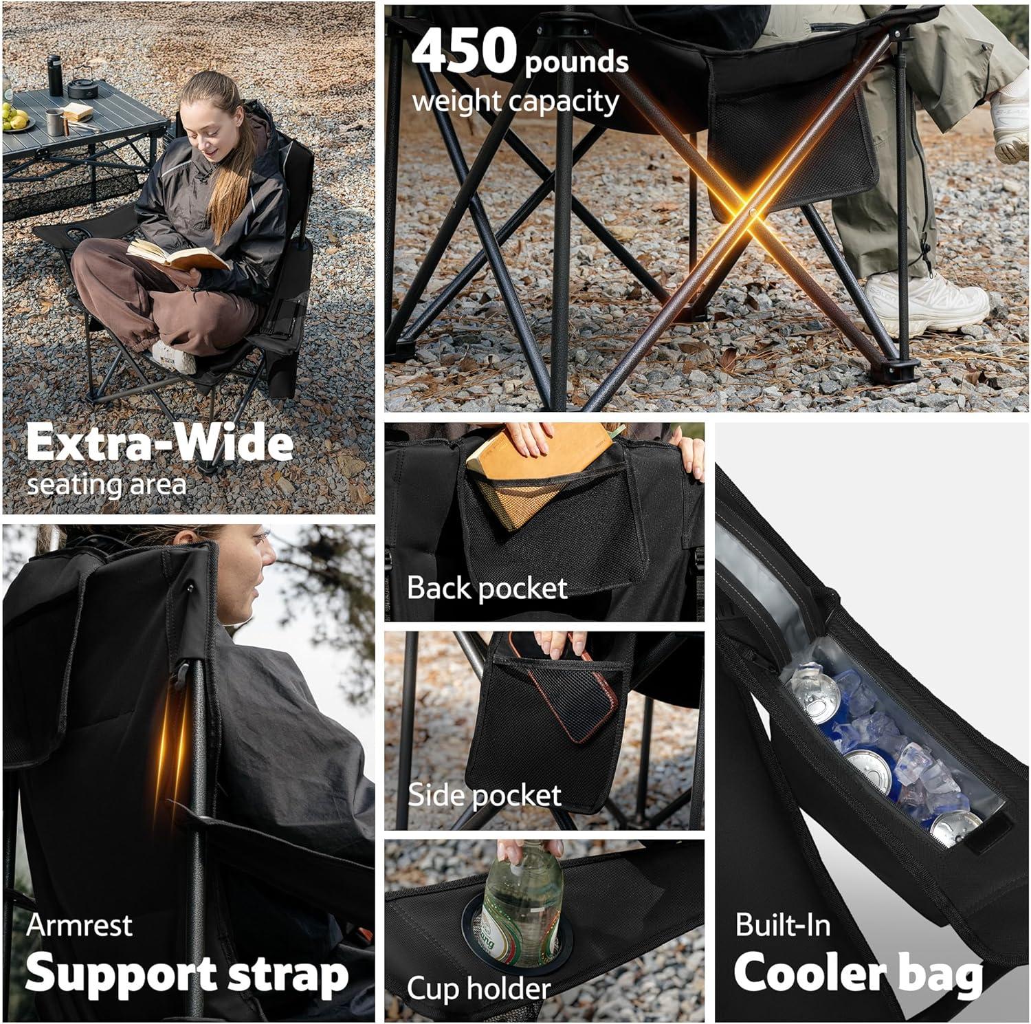 image:imageNaturehike Oversized Camping Chair with Cooler Bag Heavy Duty Lawn Chair Support 450 LBS Portable Padded Outdoor Folding Chair 2 PackGranite Black