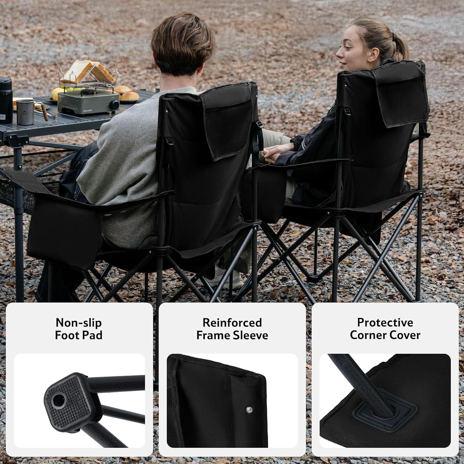 image:imageNaturehike Oversized Camping Chair with Cooler Bag Heavy Duty Lawn Chair Support 450 LBS Portable Padded Outdoor Folding Chair 2 PackGranite Black