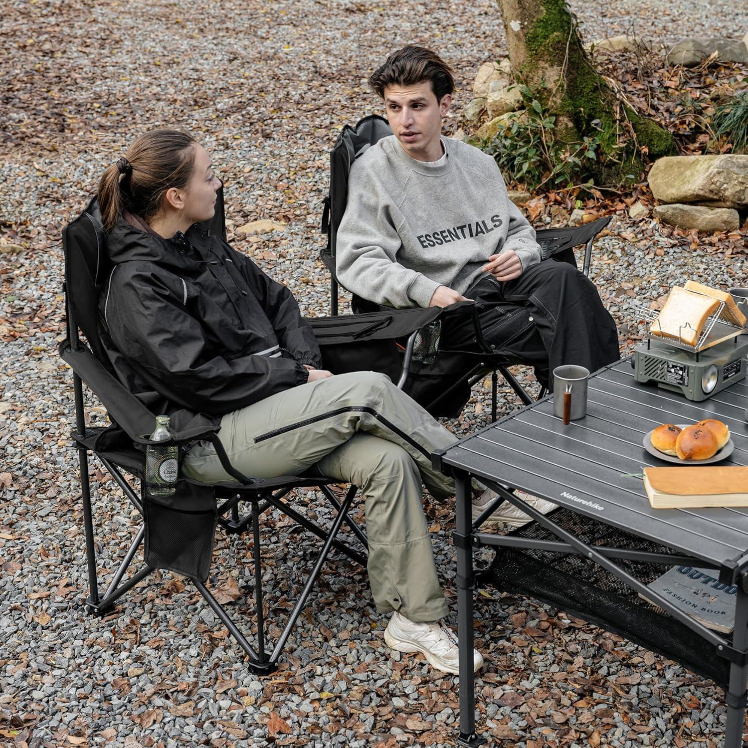 image:imageNaturehike Oversized Camping Chair with Cooler Bag Heavy Duty Lawn Chair Support 450 LBS Portable Padded Outdoor Folding Chair 2 PackGranite Black