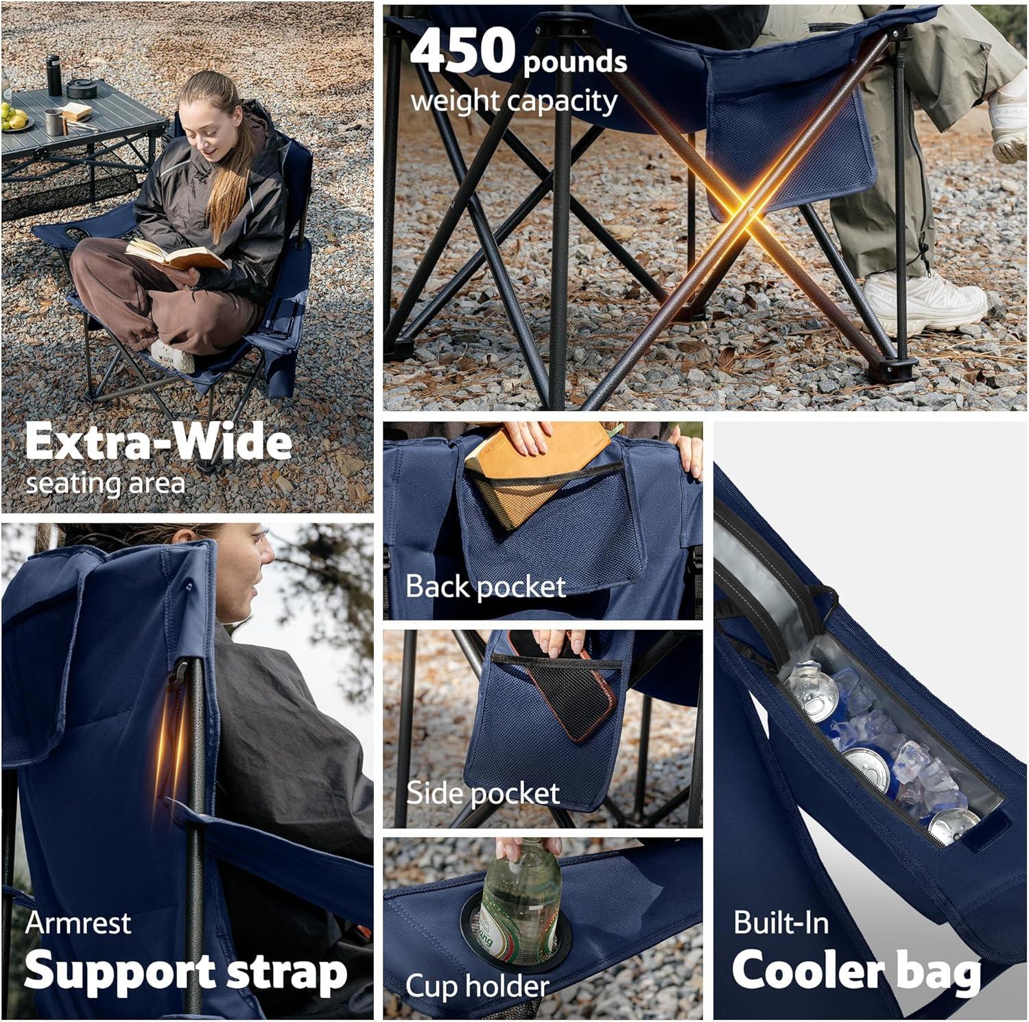 image:imageNaturehike Oversized Camping Chair with Cooler Bag Heavy Duty Lawn Chair Support 450 LBS Portable Padded Outdoor Folding Chair 2 PackSummit Blue