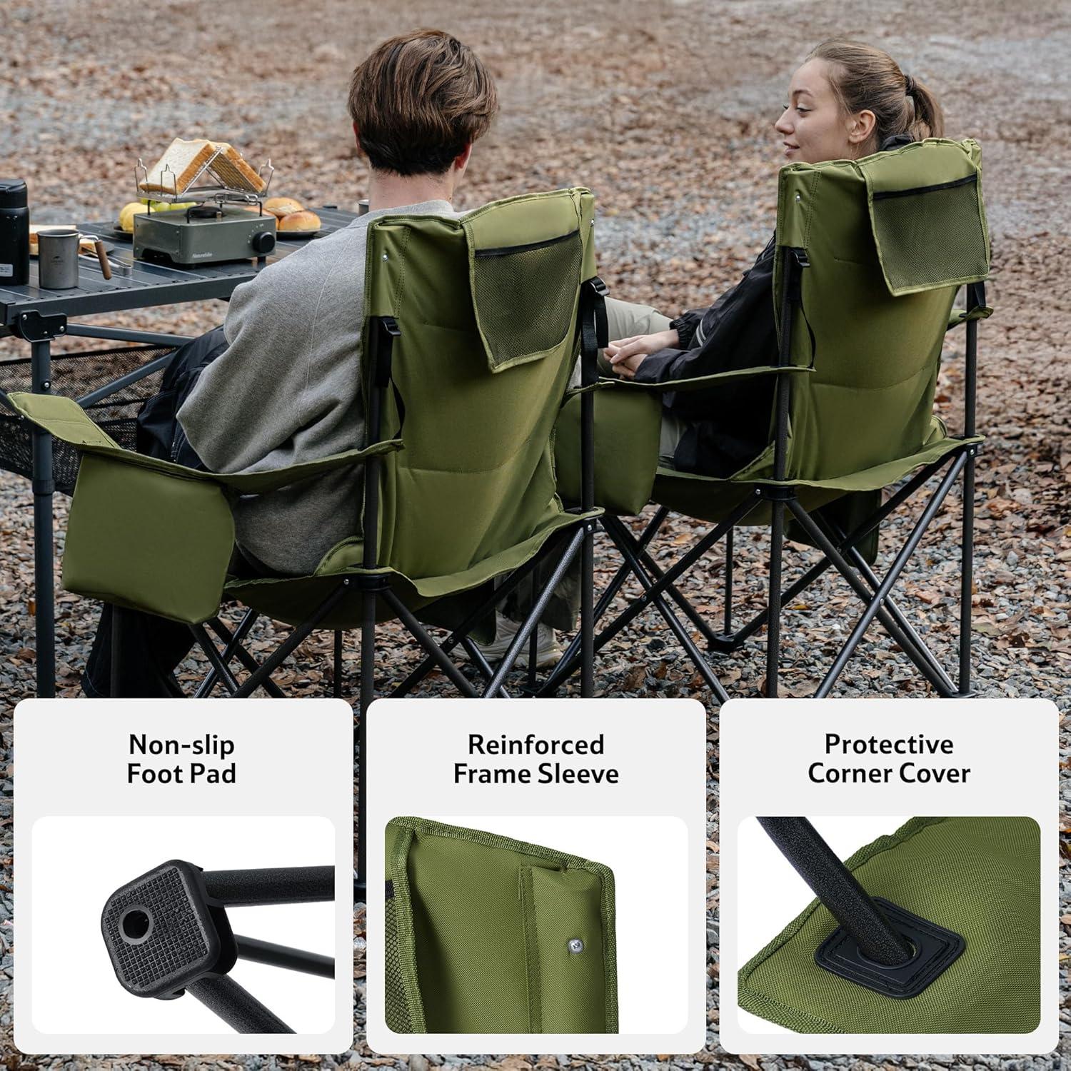 image:imageNaturehike Oversized Camping Chair with Cooler Bag Heavy Duty Lawn Chair Support 450 LBS Portable Padded Outdoor Folding Chair 2 PackWilderness Green