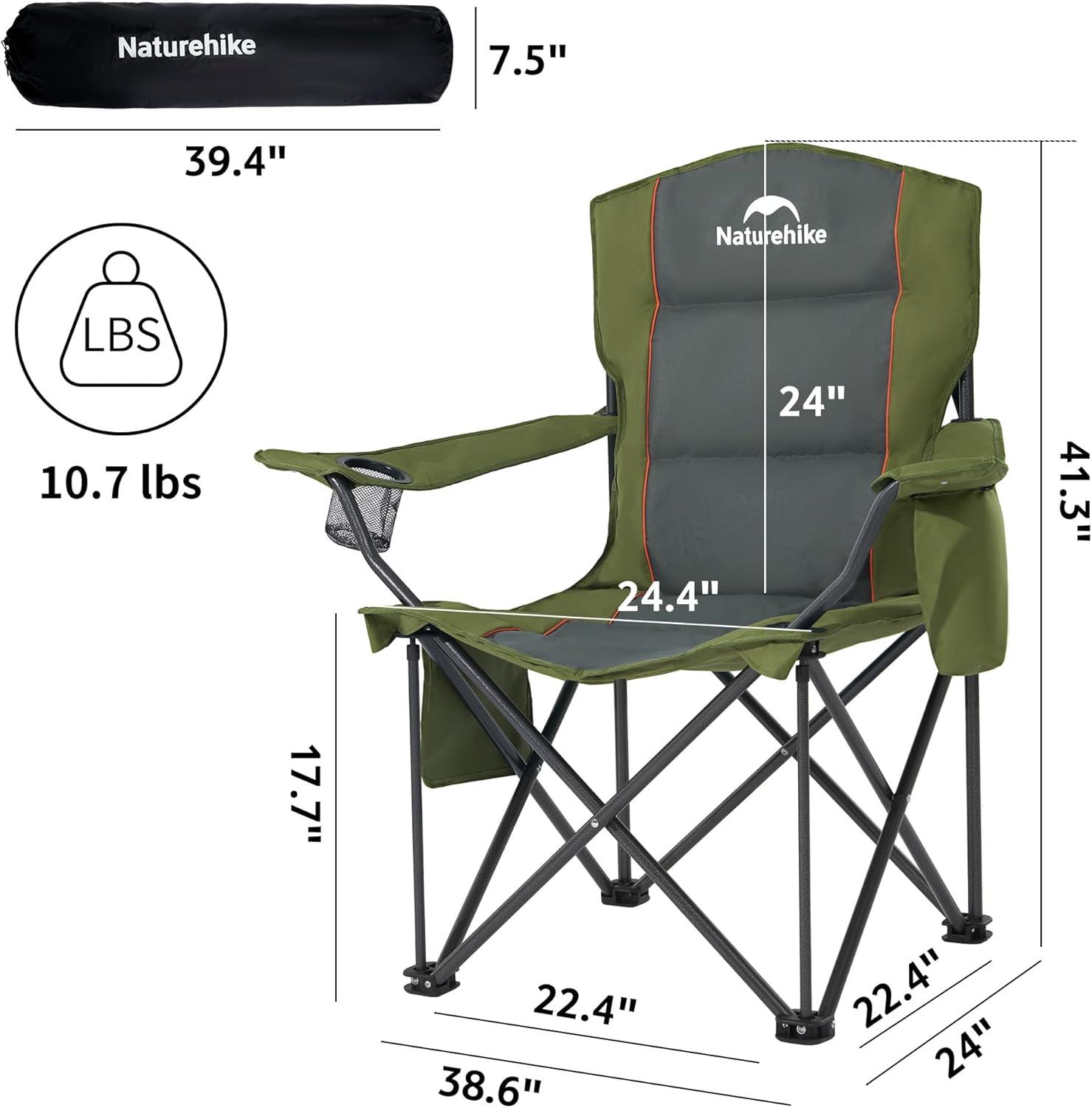 image:imageNaturehike Oversized Camping Chair with Cooler Bag Heavy Duty Lawn Chair Support 450 LBS Portable Padded Outdoor Folding Chair 2 PackWilderness Green