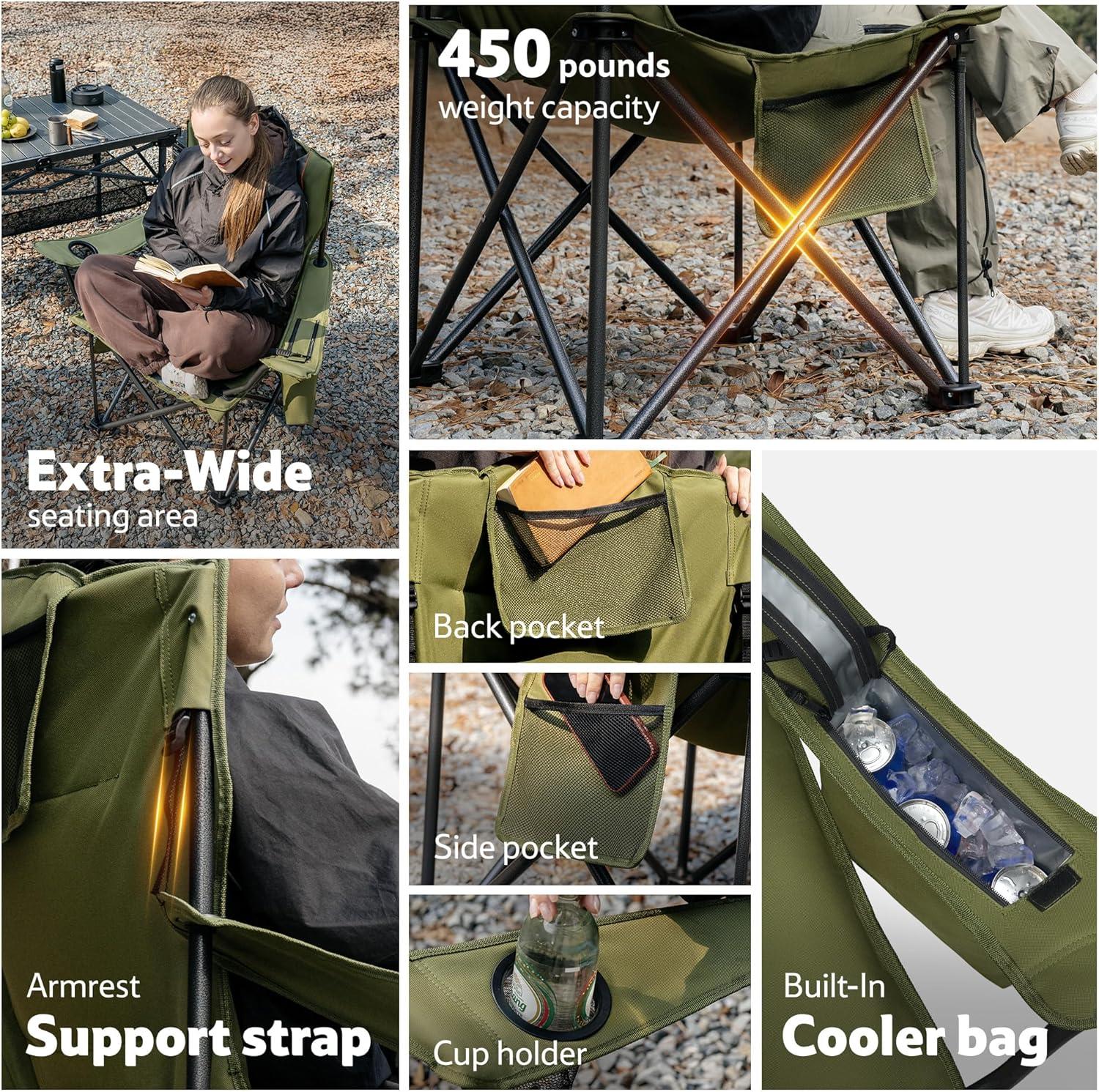 image:imageNaturehike Oversized Camping Chair with Cooler Bag Heavy Duty Lawn Chair Support 450 LBS Portable Padded Outdoor Folding Chair 2 PackWilderness Green