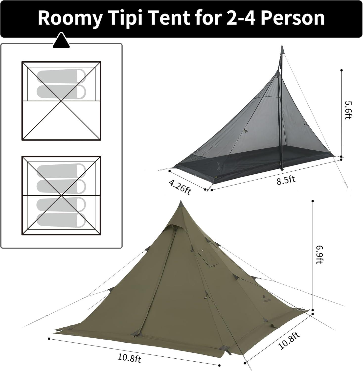 image:imageNaturehike Ranch Fire 4 Season Teepee Tent 2 Person Hot Tent with Stove Jack Windproof Waterproof Cold Weather Winter Tents for Campingbrown green24 Person
