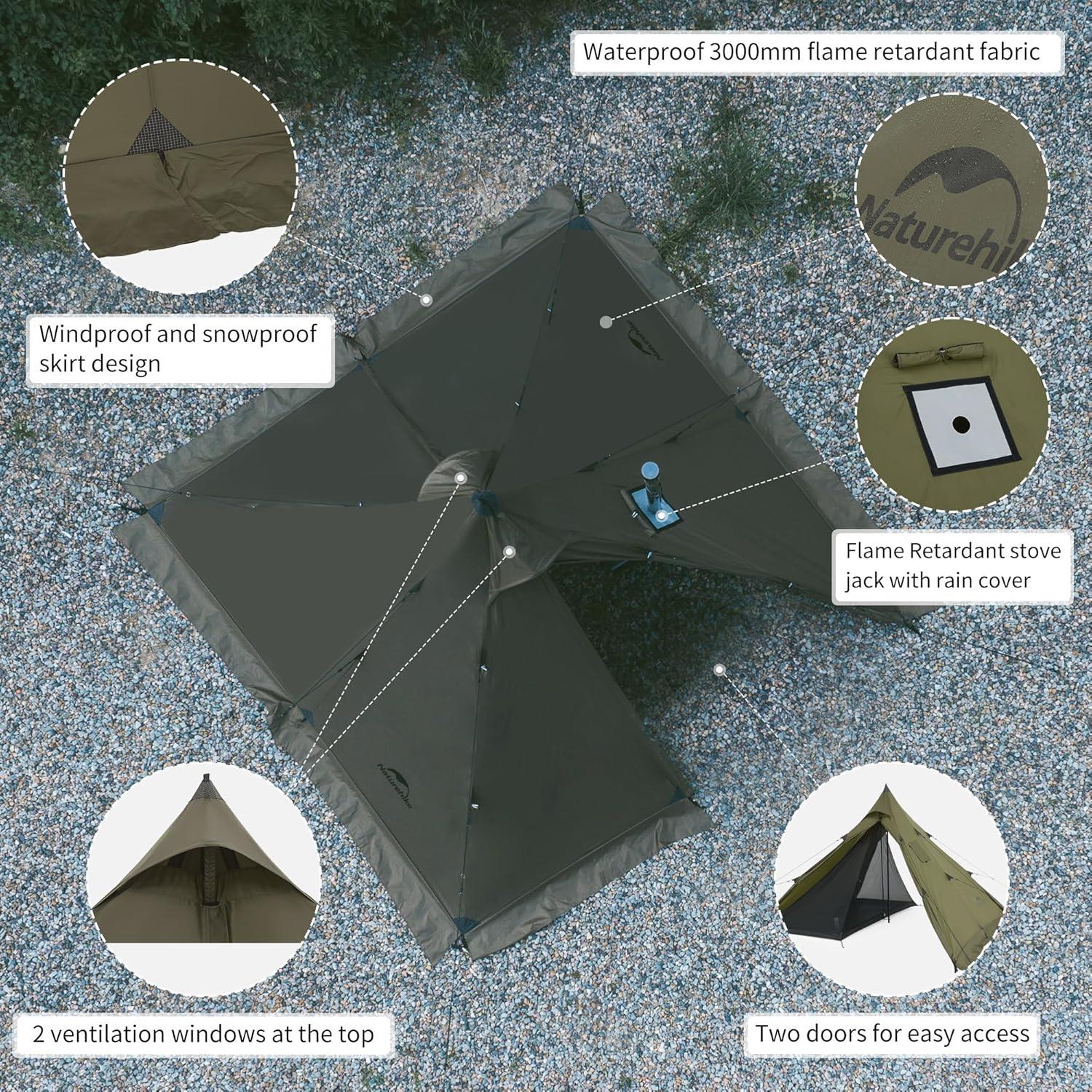 image:imageNaturehike Ranch Fire 4 Season Teepee Tent 2 Person Hot Tent with Stove Jack Windproof Waterproof Cold Weather Winter Tents for Campingbrown green24 Person