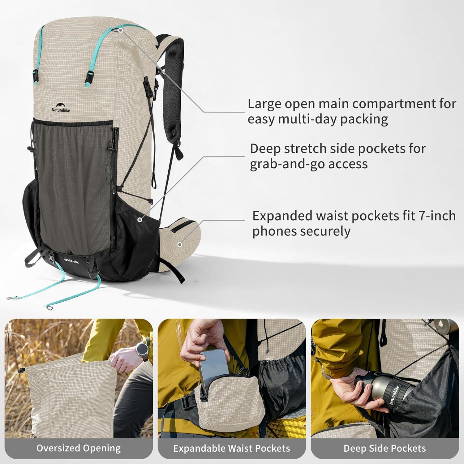 image:imageNaturehike Rock 20 Internal Frame Hiking Backpack 30L45L65L Ultralight with Rain Cover Backpack for Men and WomenWhite