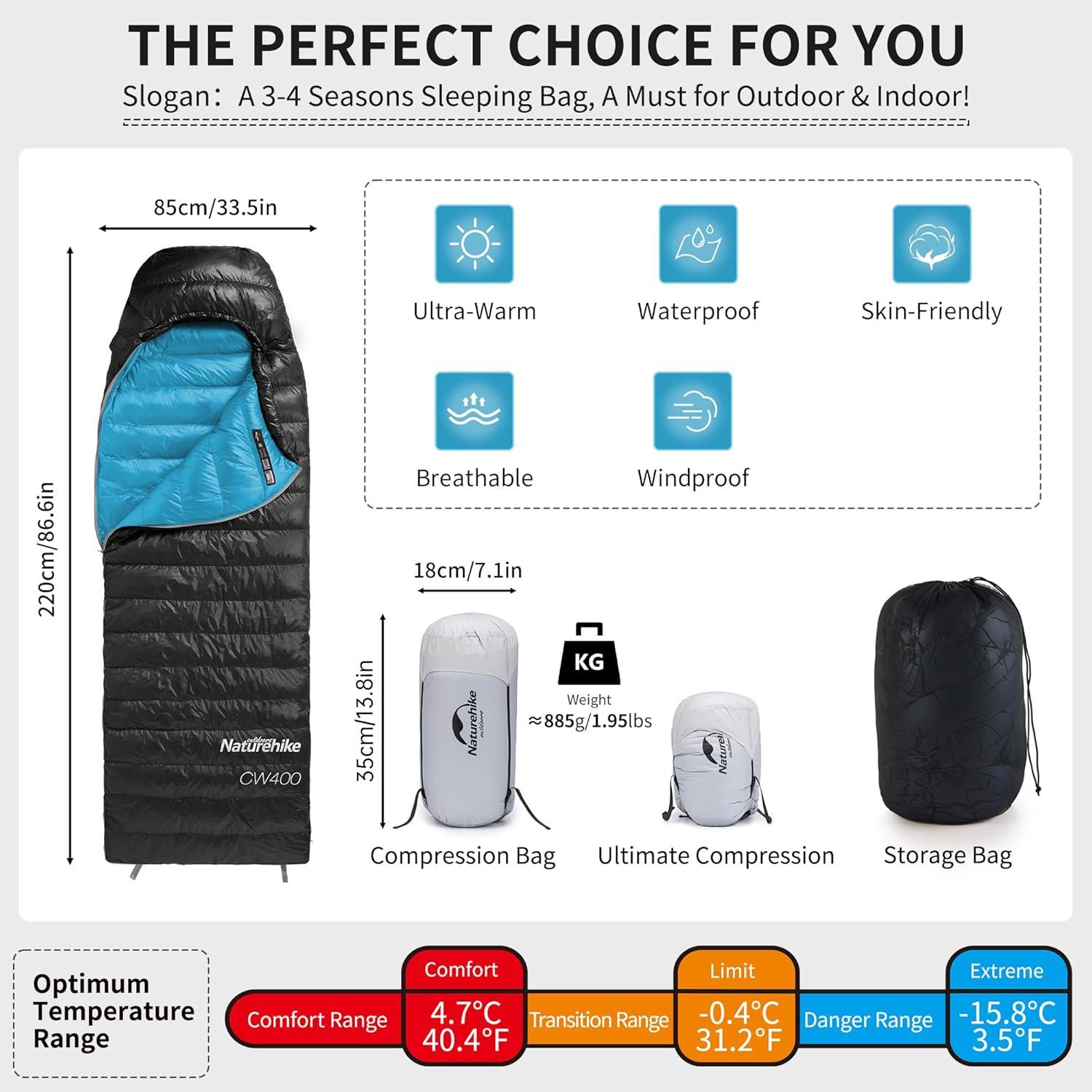 image:imageNaturehike Ultralight Down Sleeping Bag 650FP Backpacking Sleeping Bag for Adults 404 Waterproof Sleeping Bags for Camping Hiking Traveling with Compression SackBlack