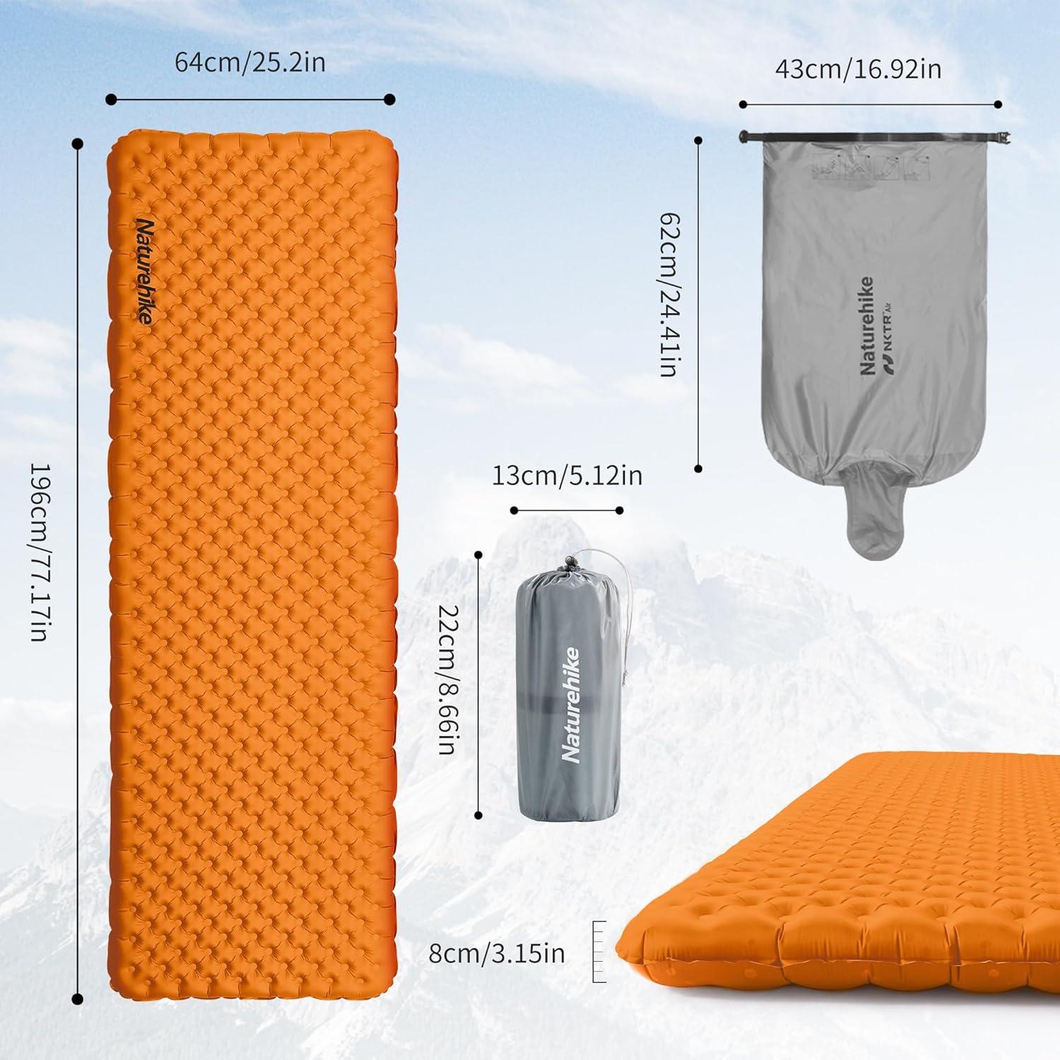 image:imageNaturehike Ultralight Insulated Sleeping Pad with R58 32in Thickened Patchworkable Inflatable Double Sleeping Mat for Camping Hiking Climbing with Inflatable BagOrangerectangularlarge