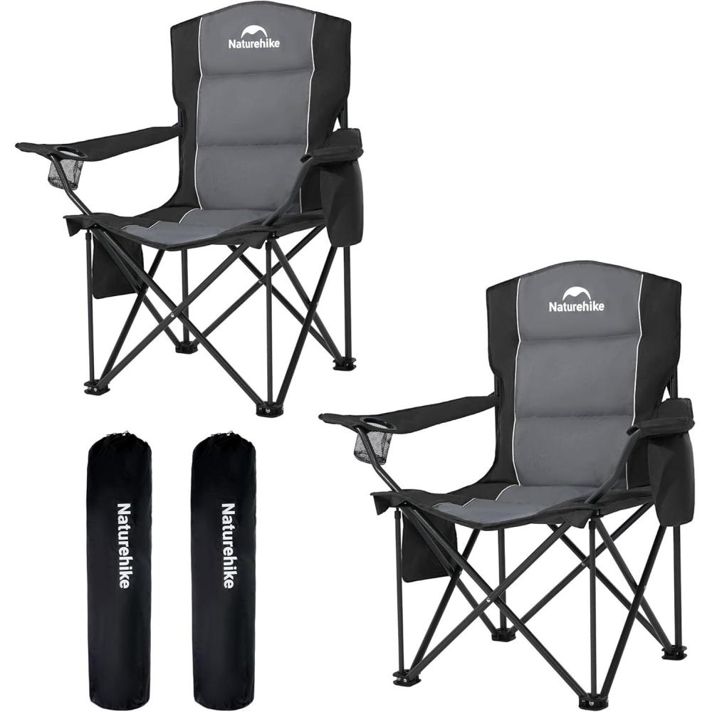 image:imageNaturehike Oversized Camping Chair with Cooler Bag Heavy Duty Lawn Chair Support 450 LBS Portable Padded Outdoor Folding Chair 2 PackGranite Black