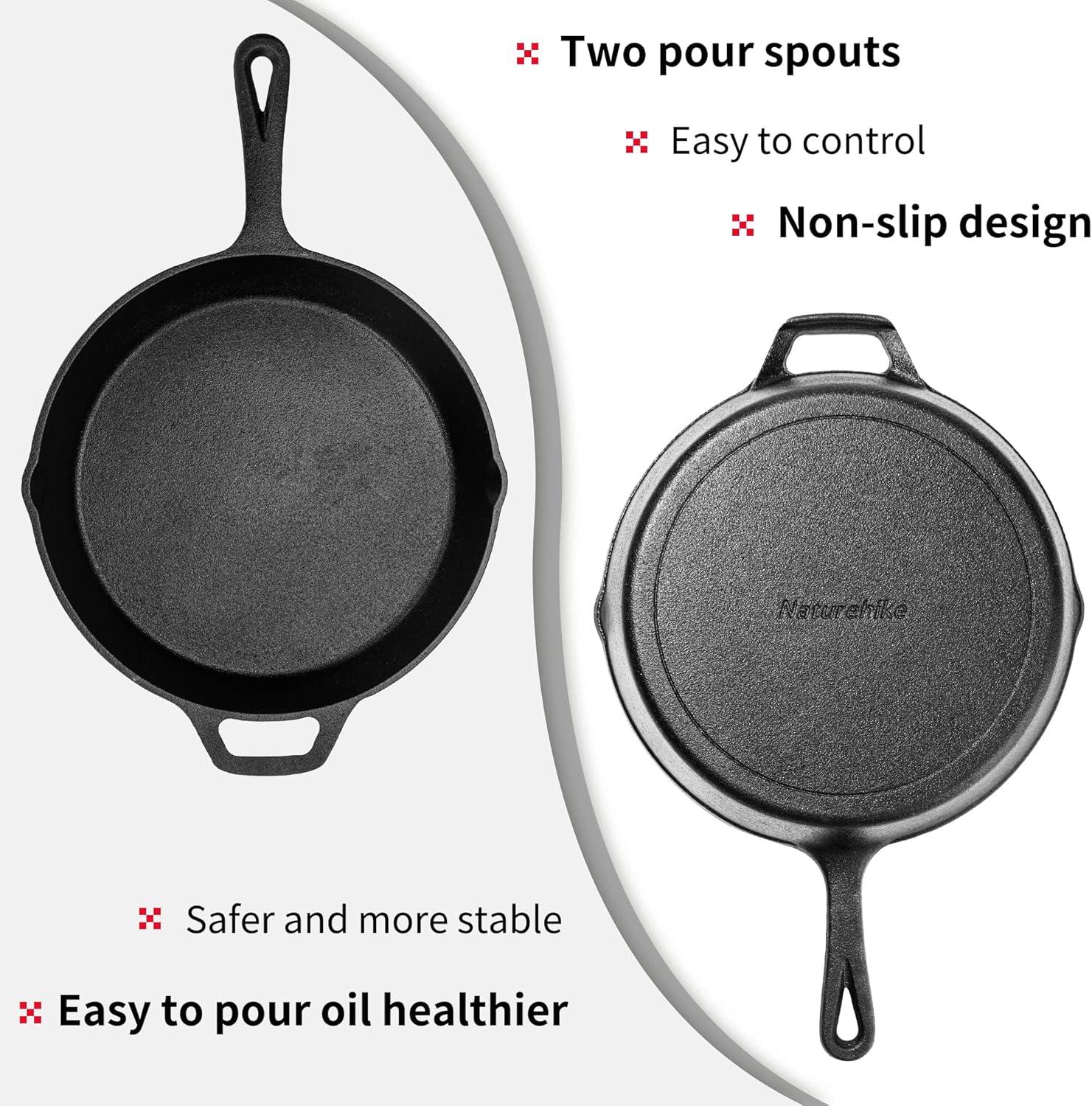 image:imageNaturehike 10 Iron Skillet Durable NonStick Seasoned Pan Strong Frying Pot with Two Pour Spouts Grill Versatile Cookware for Kitchen Camping Hiking Indoor and Outdoor Cooking Black