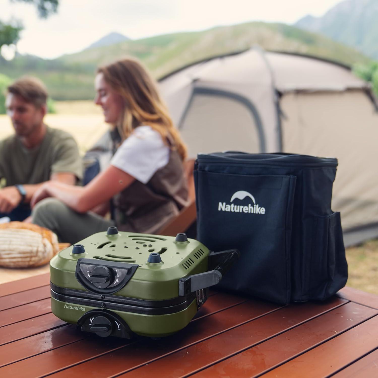 image:imageNaturehike 2 Burner Folding Camping Stove with Griddle Portable Camp Isobutane Gas Stove with 16000 BTU Adjustable Burners amp Piezo IgnitionGreenPropane Gas Storage Bag
