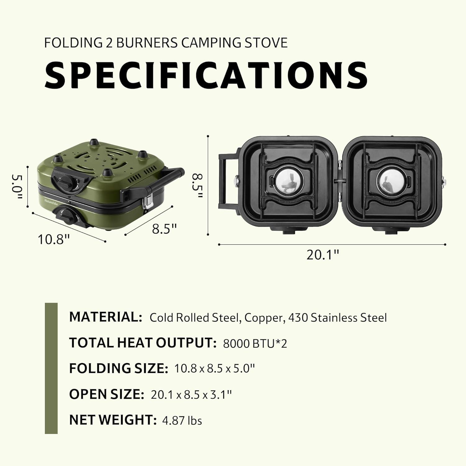 image:imageNaturehike 2 Burner Folding Camping Stove with Griddle Portable Camp Isobutane Gas Stove with 16000 BTU Adjustable Burners amp Piezo IgnitionGreenPropane Gas Storage Bag