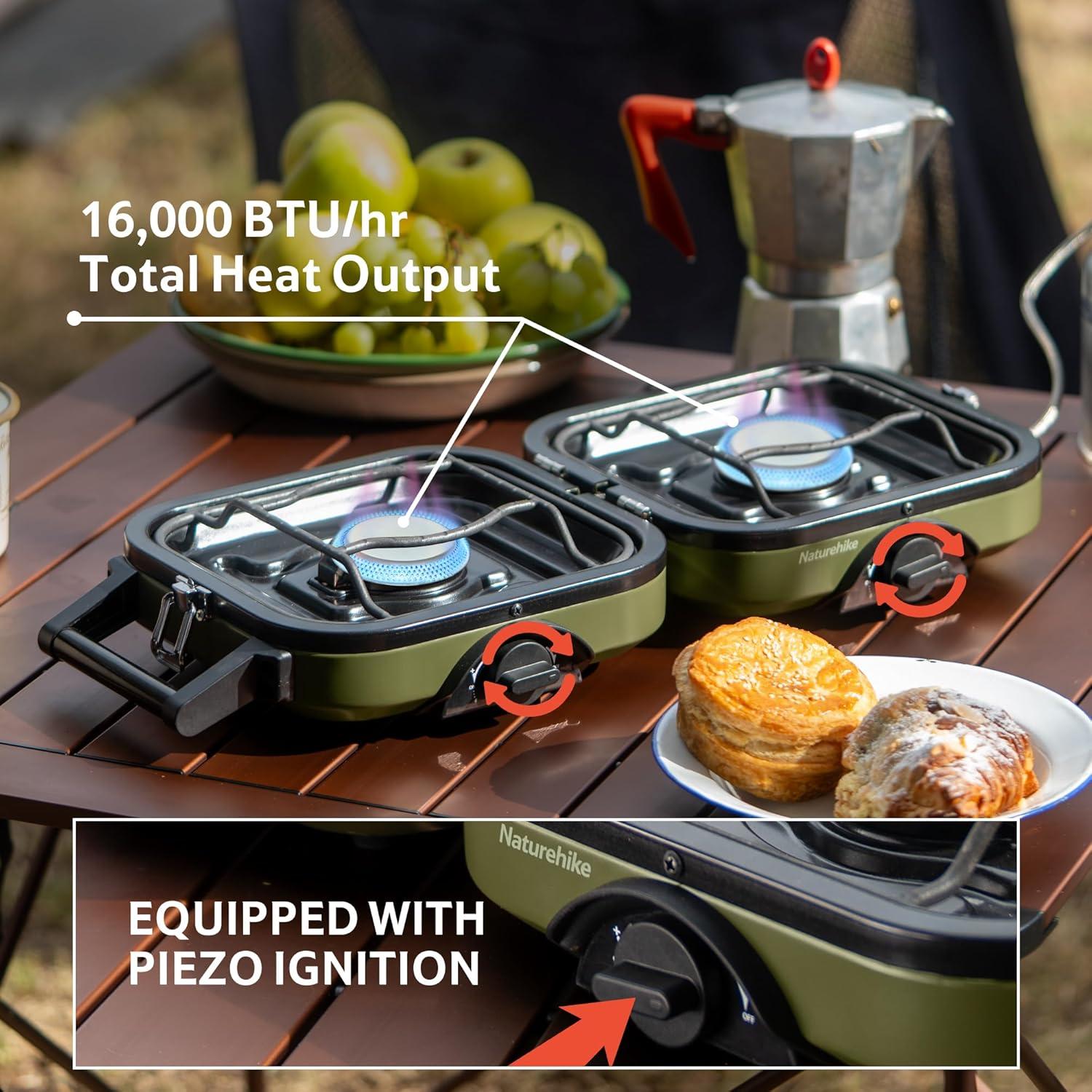 image:imageNaturehike 2 Burner Folding Camping Stove with Griddle Portable Camp Isobutane Gas Stove with 16000 BTU Adjustable Burners amp Piezo IgnitionGreenPropane Gas Storage Bag