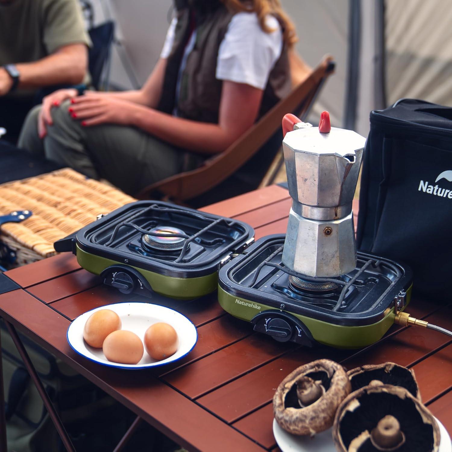 image:imageNaturehike 2 Burner Folding Camping Stove with Griddle Portable Camp Isobutane Gas Stove with 16000 BTU Adjustable Burners amp Piezo IgnitionGreenPropane Gas Storage Bag