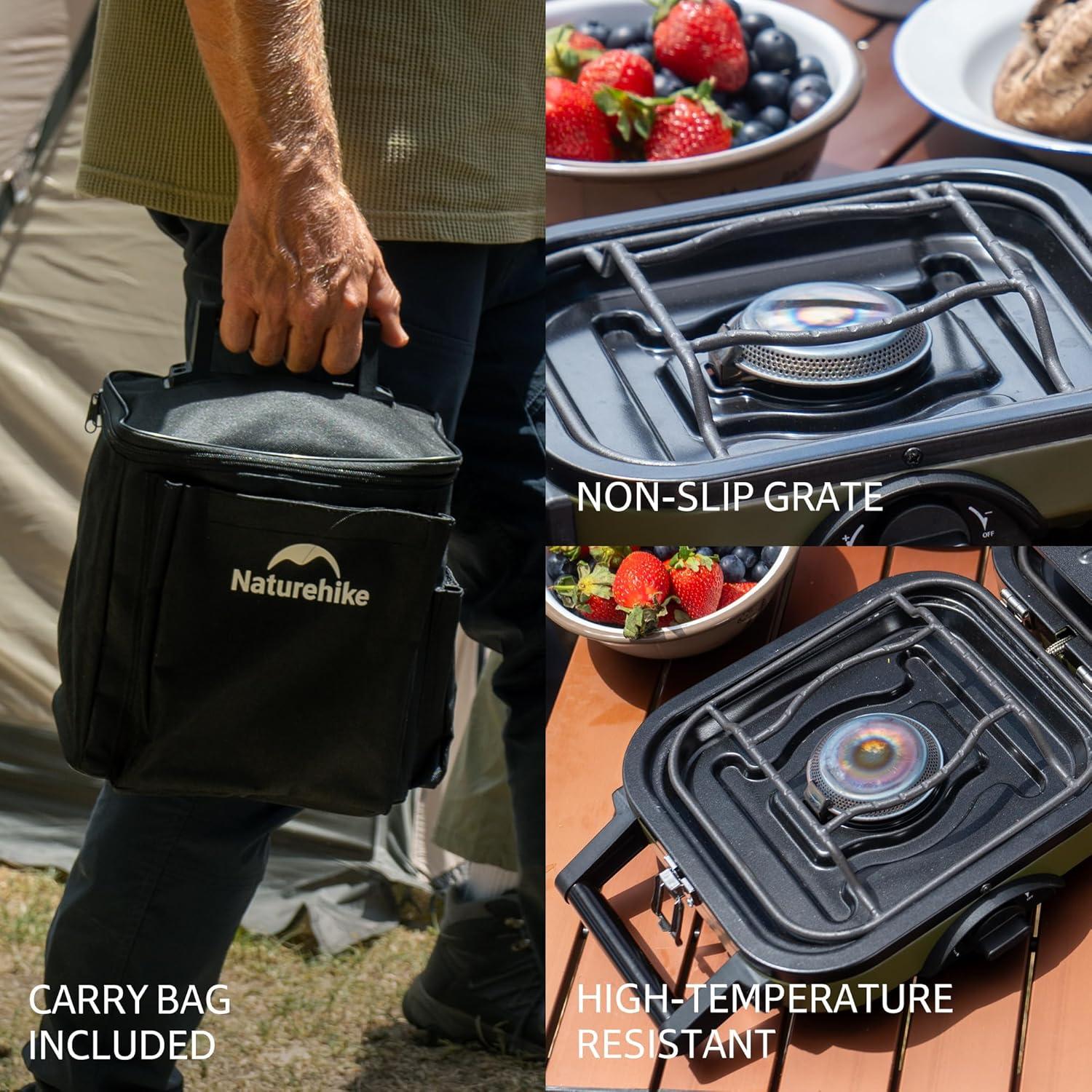 image:imageNaturehike 2 Burner Folding Camping Stove with Griddle Portable Camp Isobutane Gas Stove with 16000 BTU Adjustable Burners amp Piezo IgnitionGreenPropane Gas Storage Bag