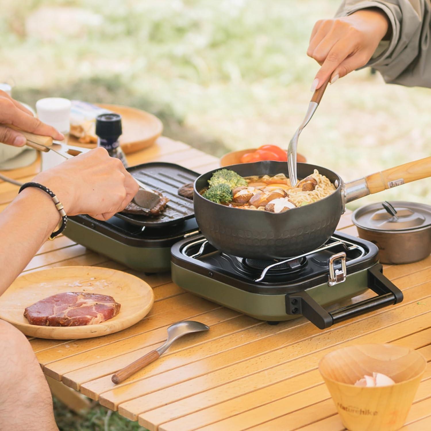 image:imageNaturehike 2 Burner Folding Camping Stove with Griddle Portable Camp Isobutane Gas Stove with 16000 BTU Adjustable Burners amp Piezo IgnitionIsobutane Gas Griddle